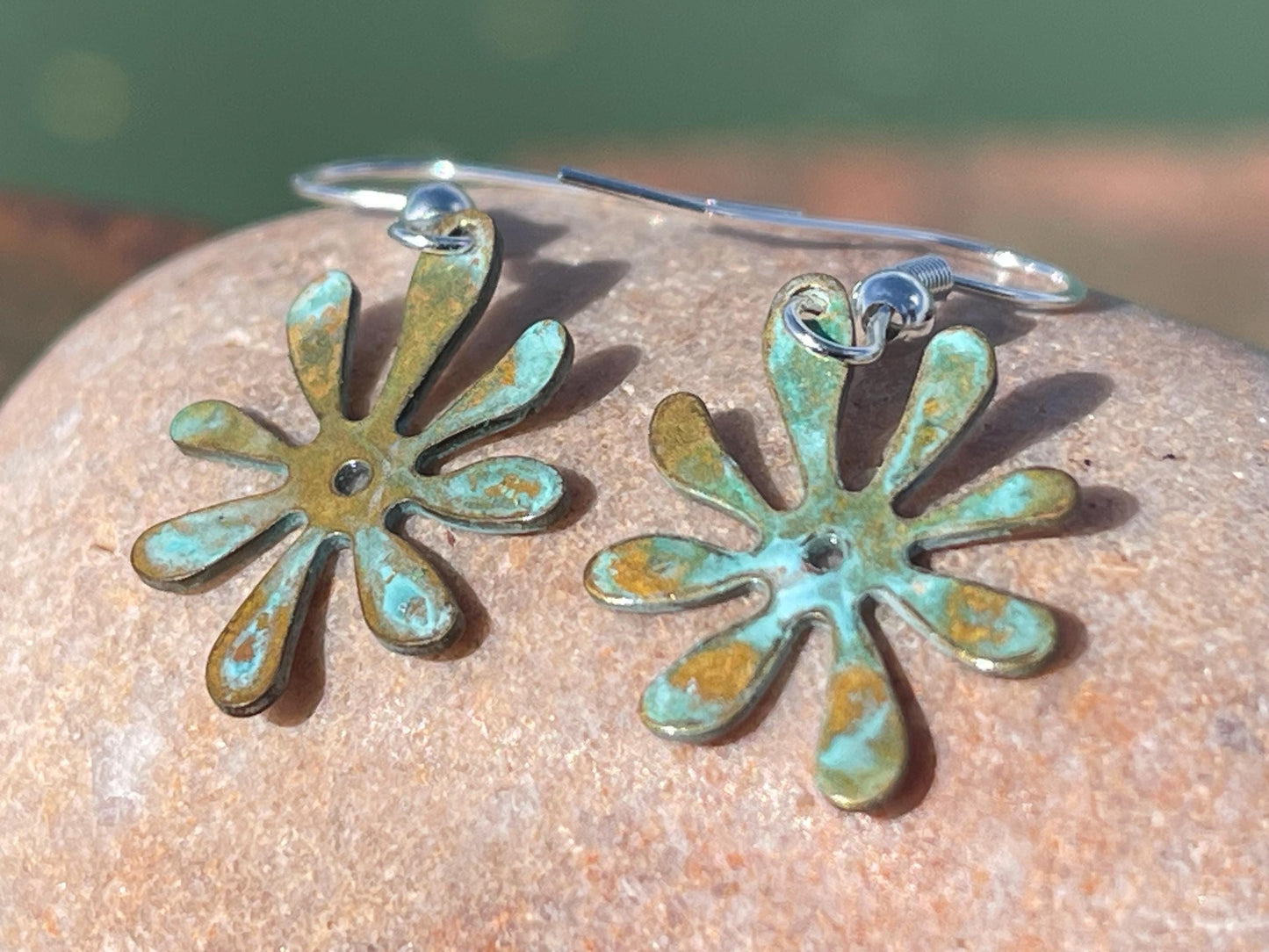 Handmade flower earrings. Rustic earrings, unusual earrings, unusual gift for her, blue earrings, boho earrings, boho jewellery, hippy gift