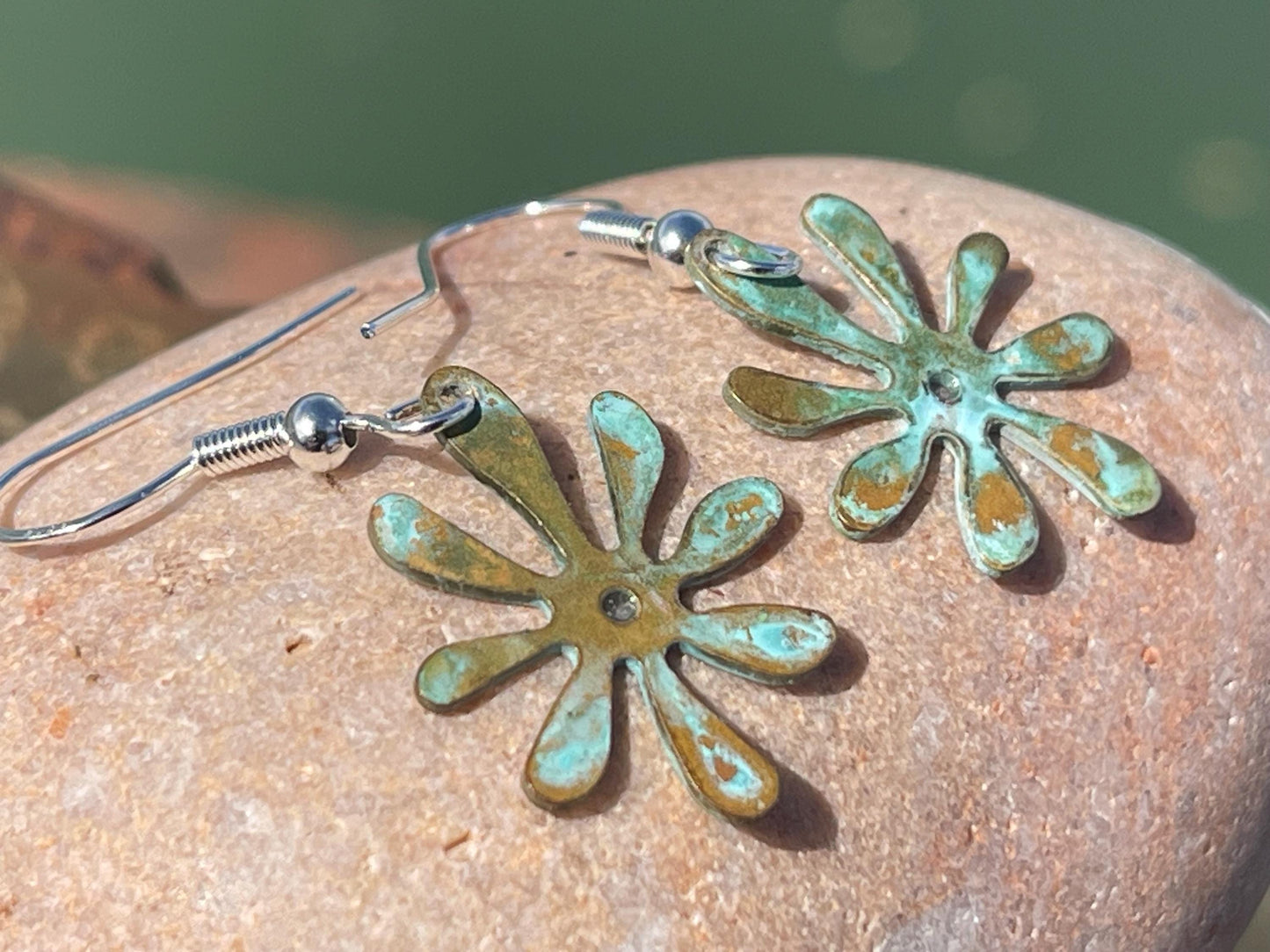 Handmade flower earrings. Rustic earrings, unusual earrings, unusual gift for her, blue earrings, boho earrings, boho jewellery, hippy gift