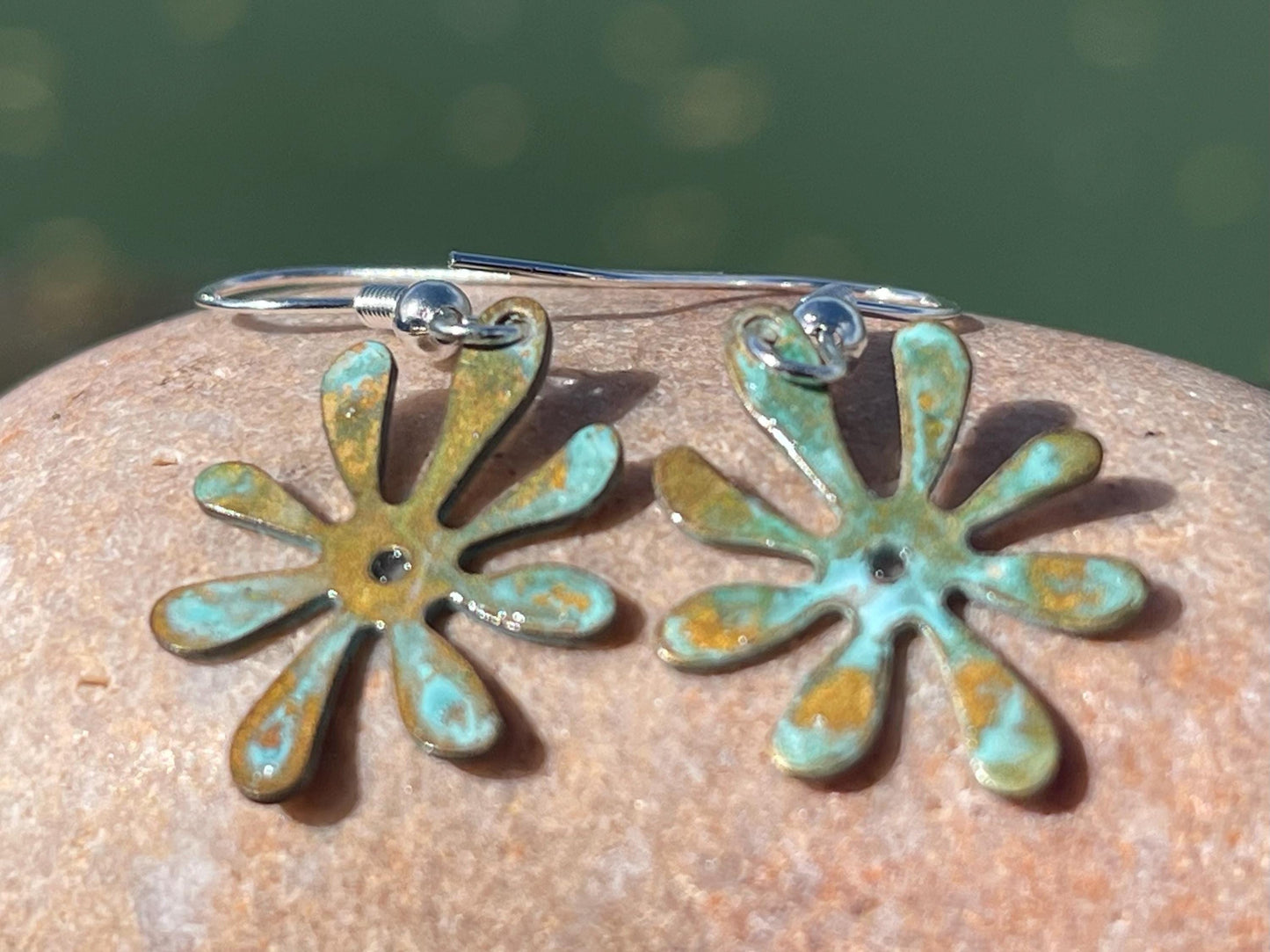 Handmade flower earrings. Rustic earrings, unusual earrings, unusual gift for her, blue earrings, boho earrings, boho jewellery, hippy gift