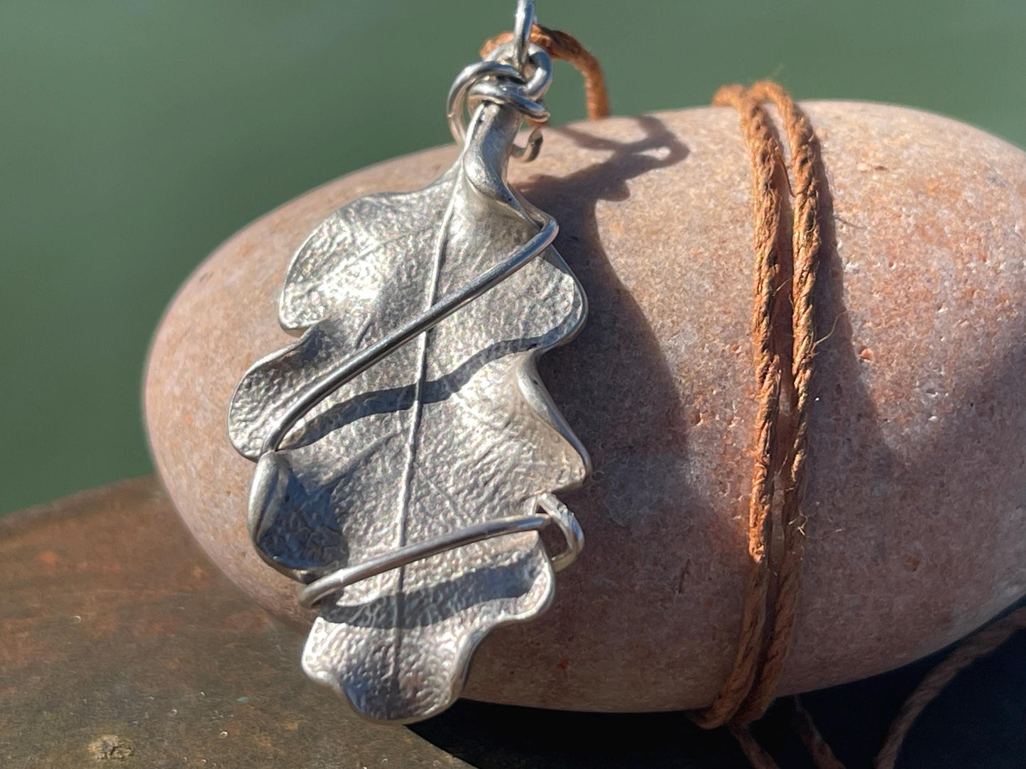 Oak leaf necklace wrapped in recycled sterling silver. Boho gift for her, boho necklace, silver leaf pendant. Silver jewellery.
