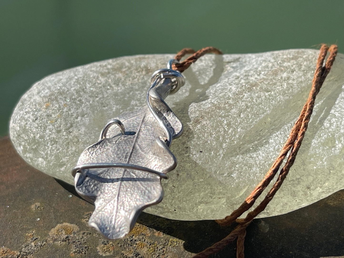 Oak leaf necklace wrapped in recycled sterling silver. Boho gift for her, boho necklace, silver leaf pendant. Silver jewellery.
