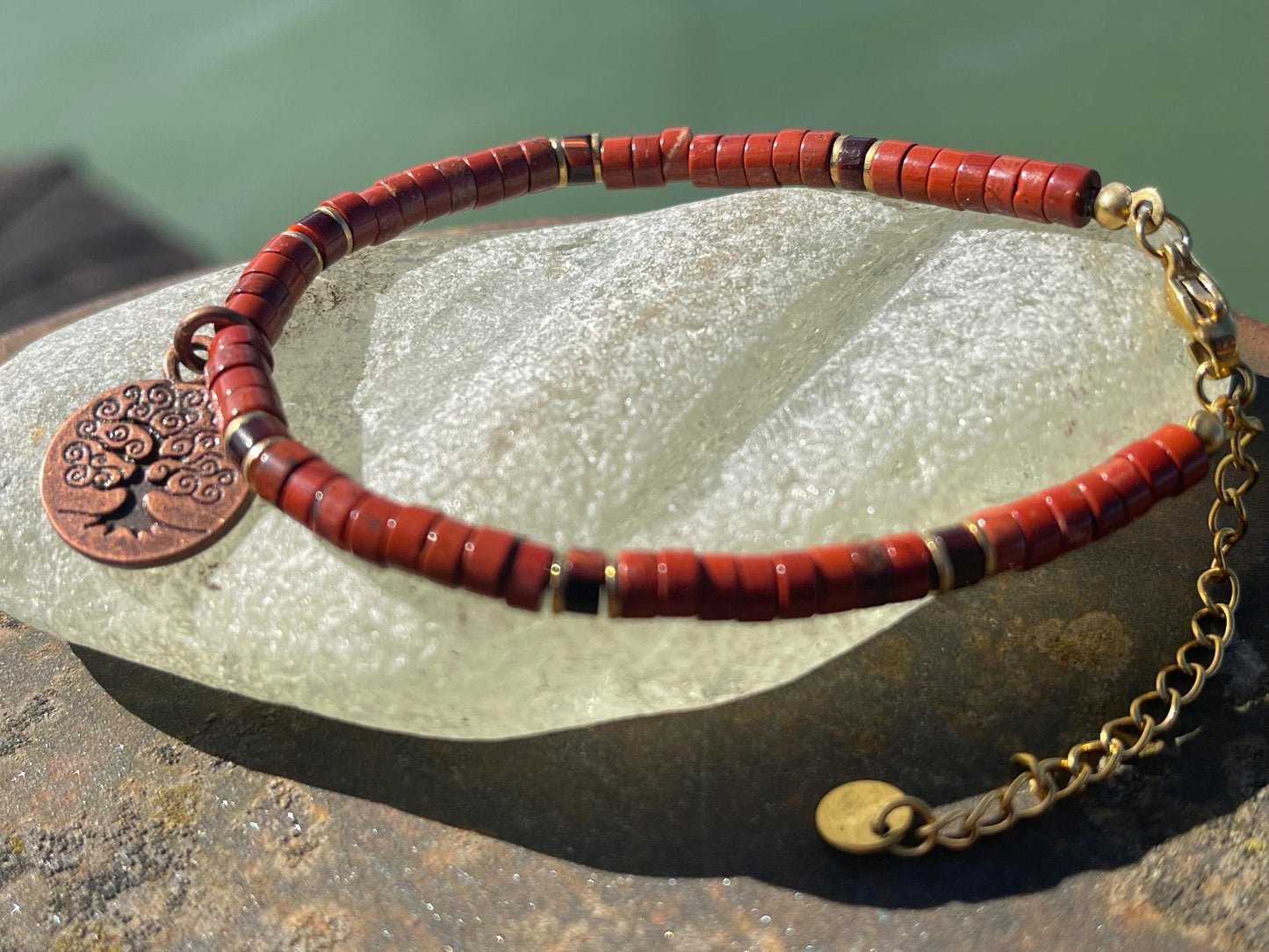 Adjustable gold and red jasper gemstone bracelet, handmade gift for him or her. Ethical jewellery, unique jewellery. Tree of life bracelet.