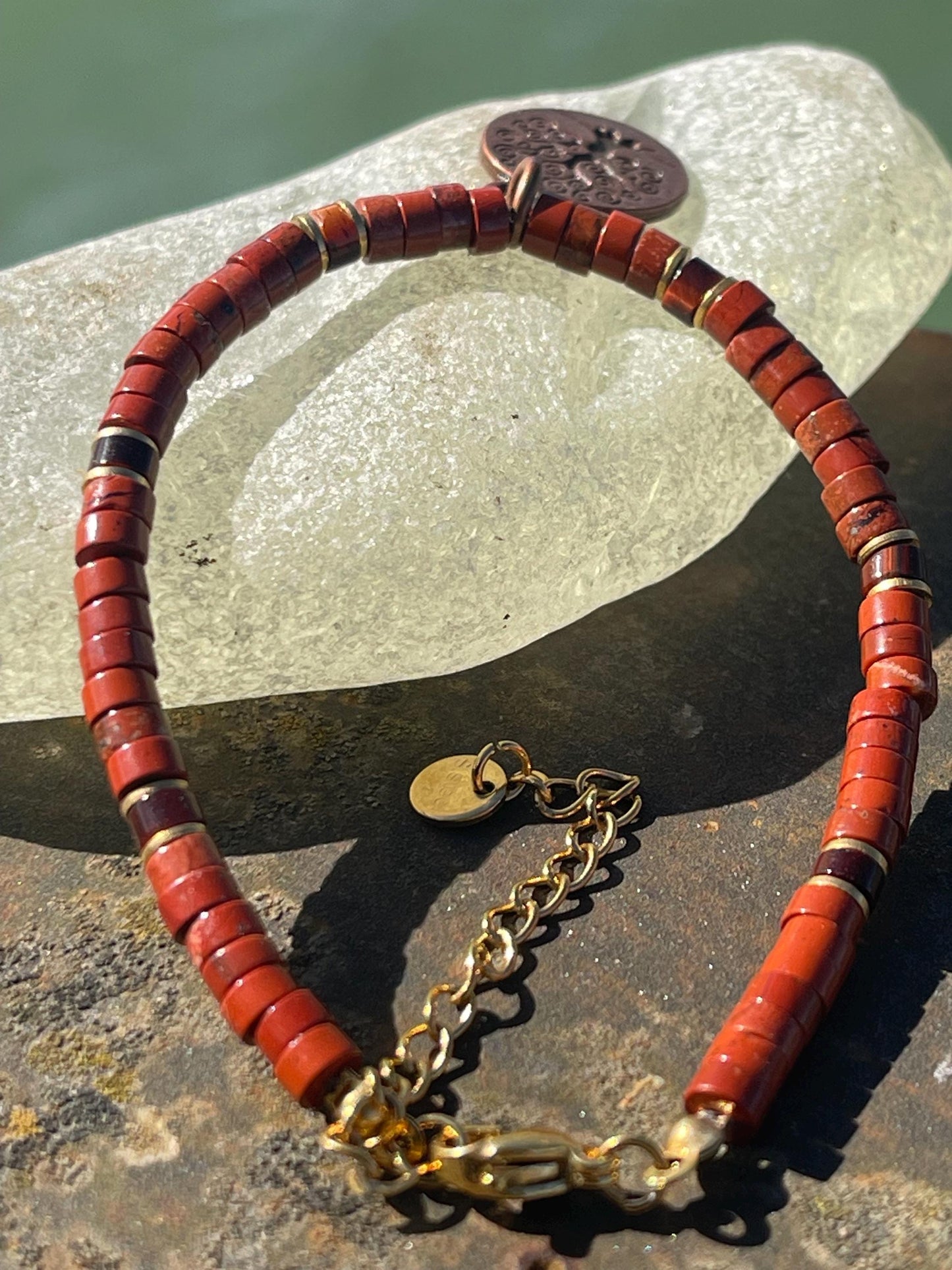 Adjustable gold and red jasper gemstone bracelet, handmade gift for him or her. Ethical jewellery, unique jewellery. Tree of life bracelet.