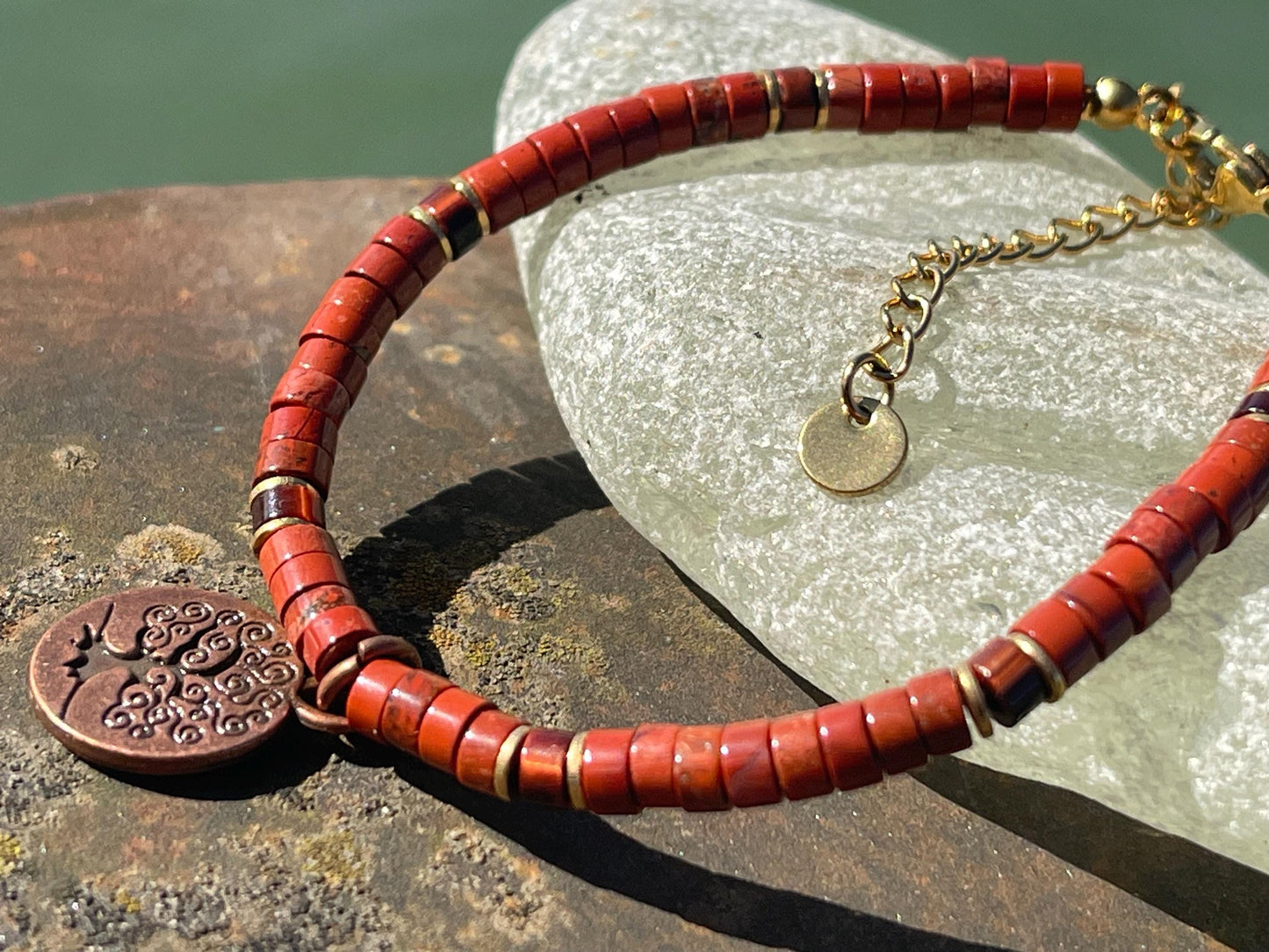 Adjustable gold and red jasper gemstone bracelet, handmade gift for him or her. Ethical jewellery, unique jewellery. Tree of life bracelet.