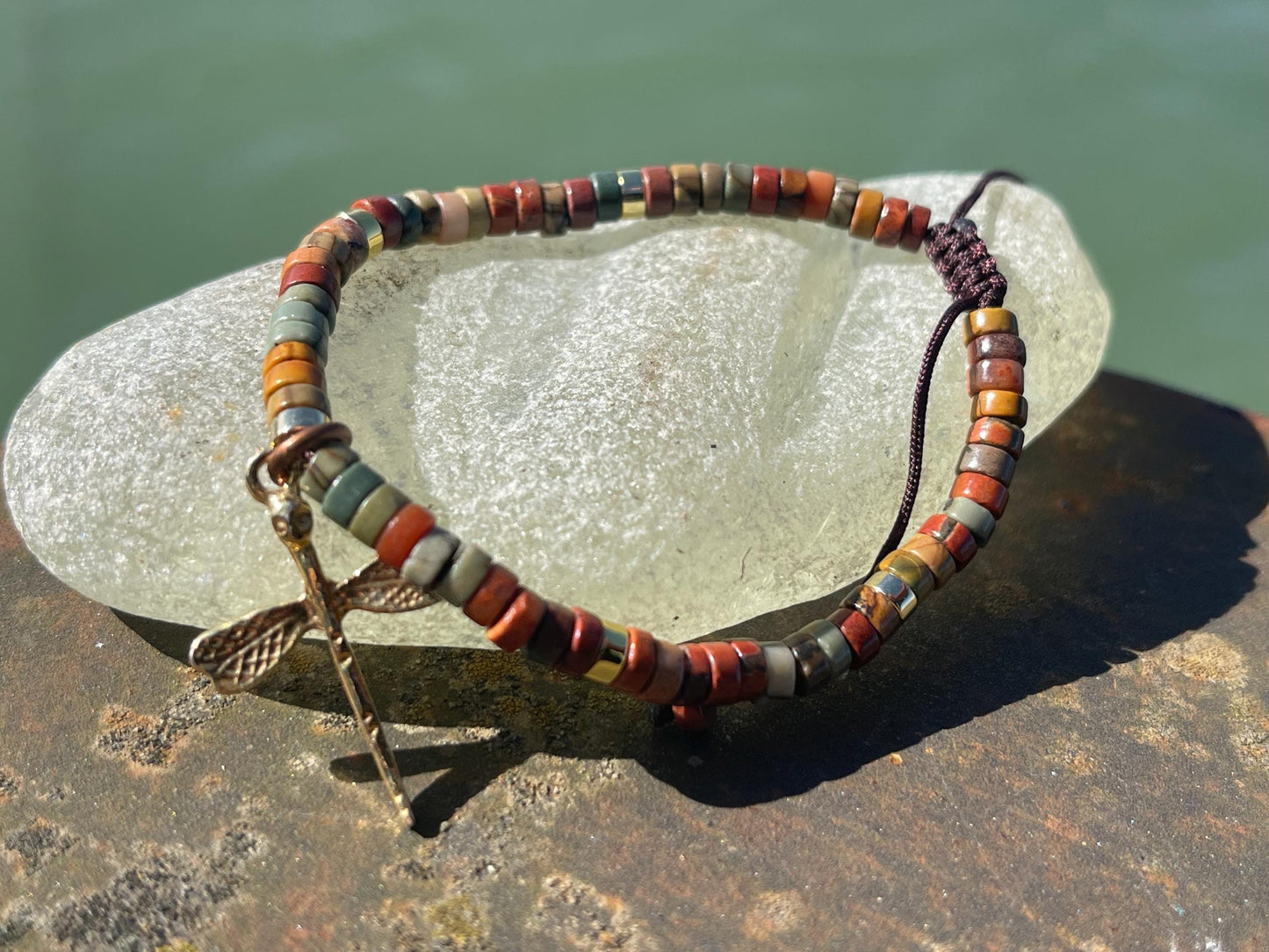 Adjustable Picasso jasper gemstone bracelet, handmade gift for him or her. Ethical jewellery, handmade unique jewellery.