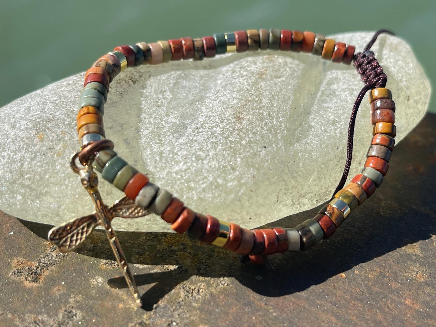 Adjustable Picasso jasper gemstone bracelet, handmade gift for him or her. Ethical jewellery, handmade unique jewellery.