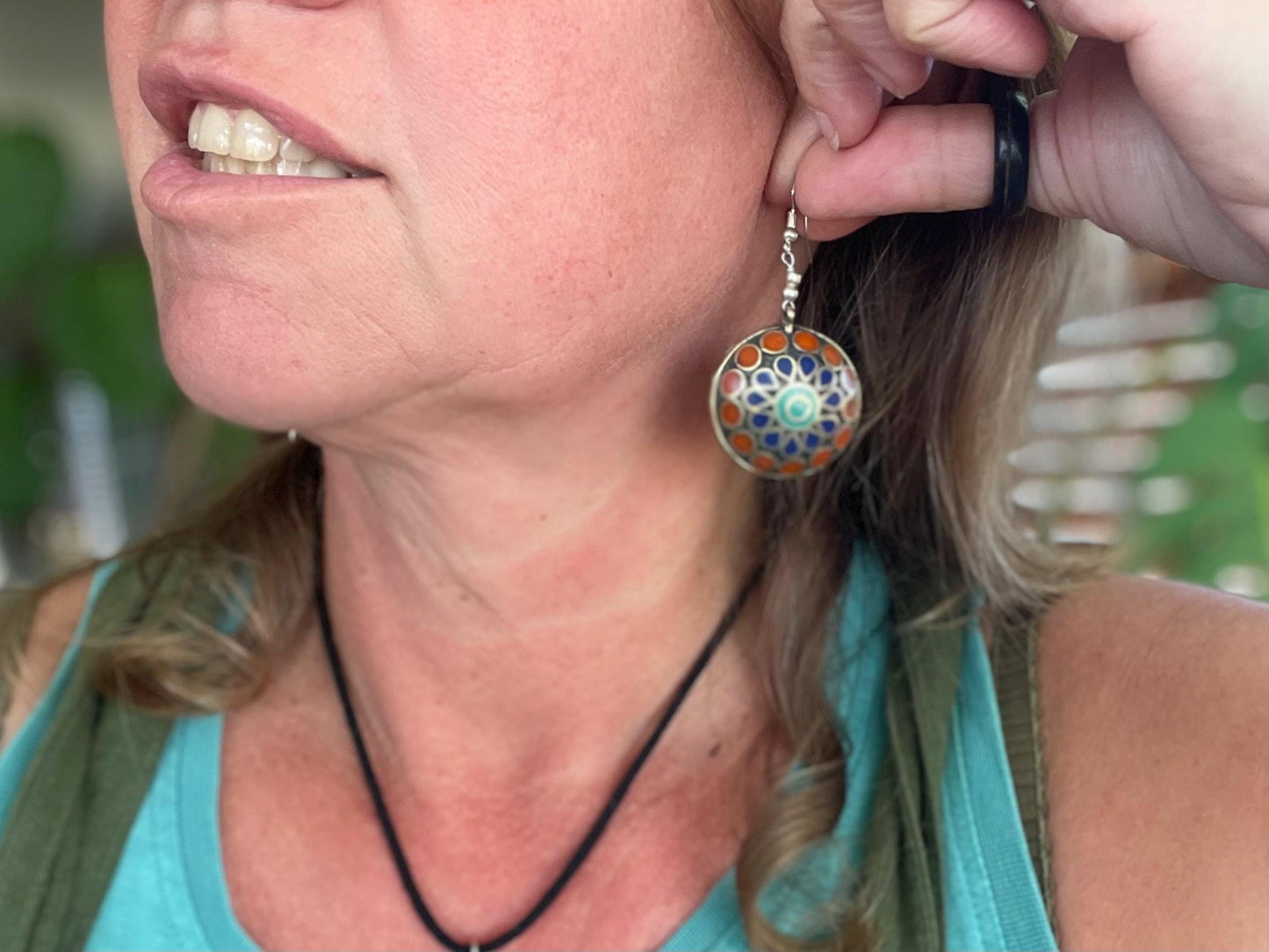 Vintage earrings, red and blue circular earrings. Eco friendly jewellery. Ethical jewellery.