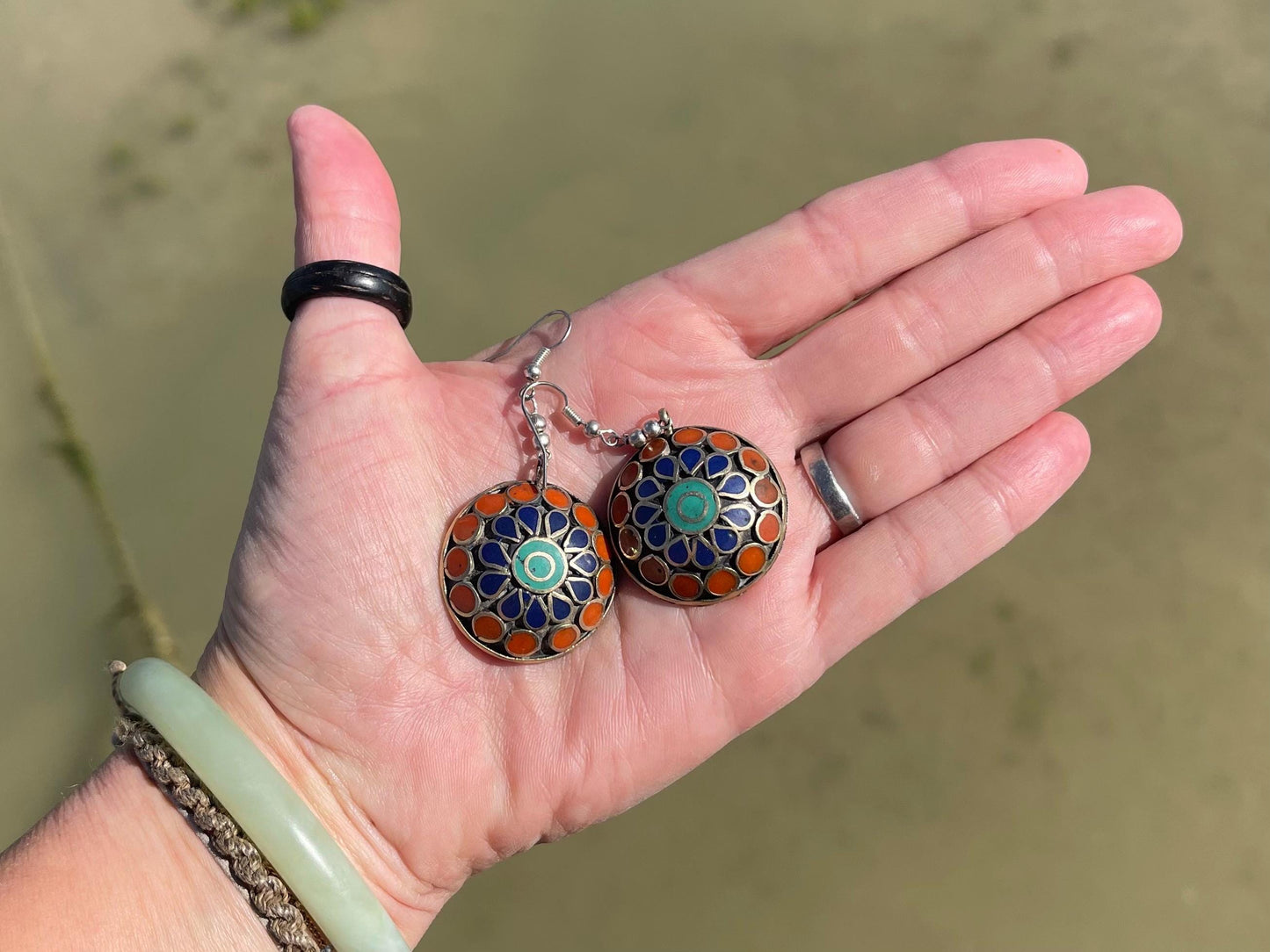 Vintage earrings, red and blue circular earrings. Eco friendly jewellery. Ethical jewellery.