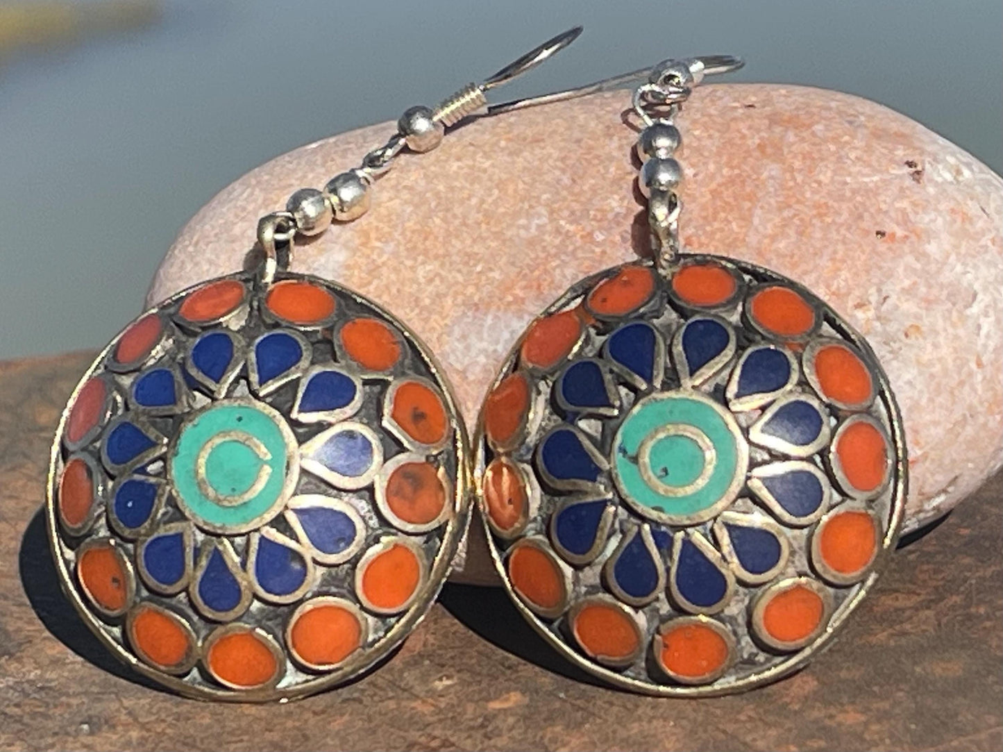 Vintage earrings, red and blue circular earrings. Eco friendly jewellery. Ethical jewellery.