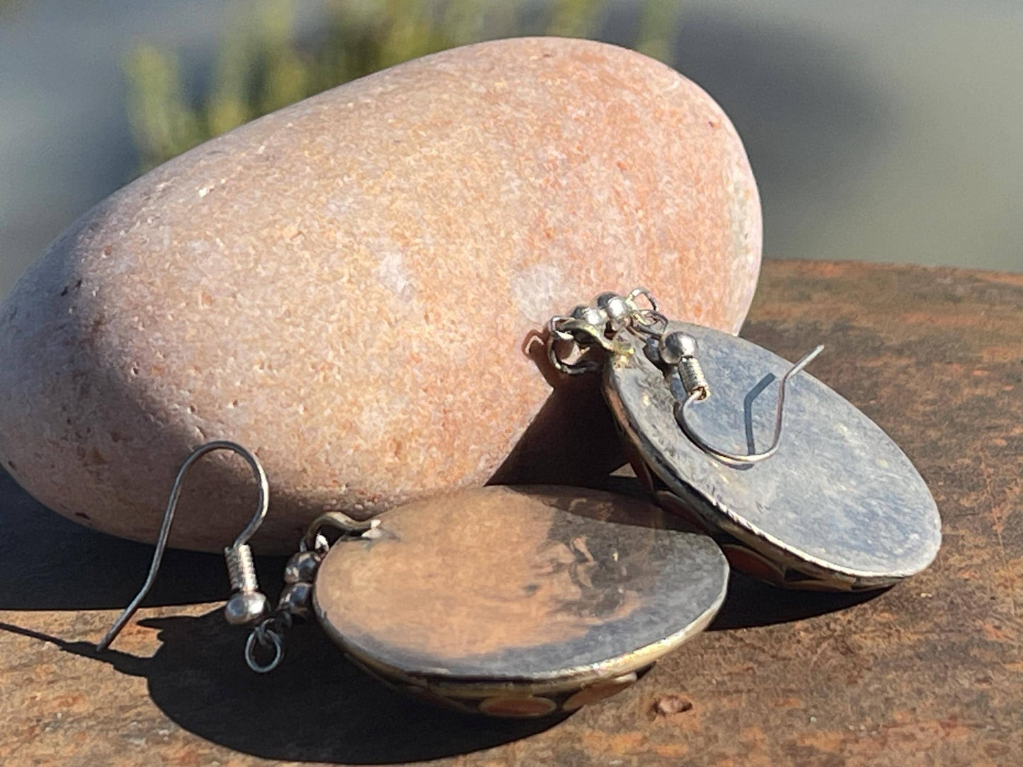 Vintage earrings, red and blue circular earrings. Eco friendly jewellery. Ethical jewellery.