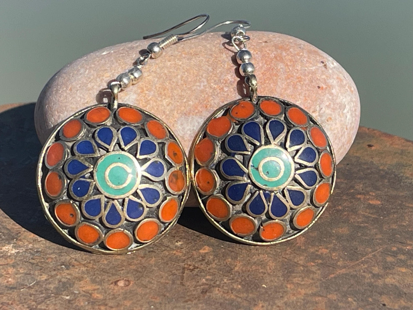 Vintage earrings, red and blue circular earrings. Eco friendly jewellery. Ethical jewellery.