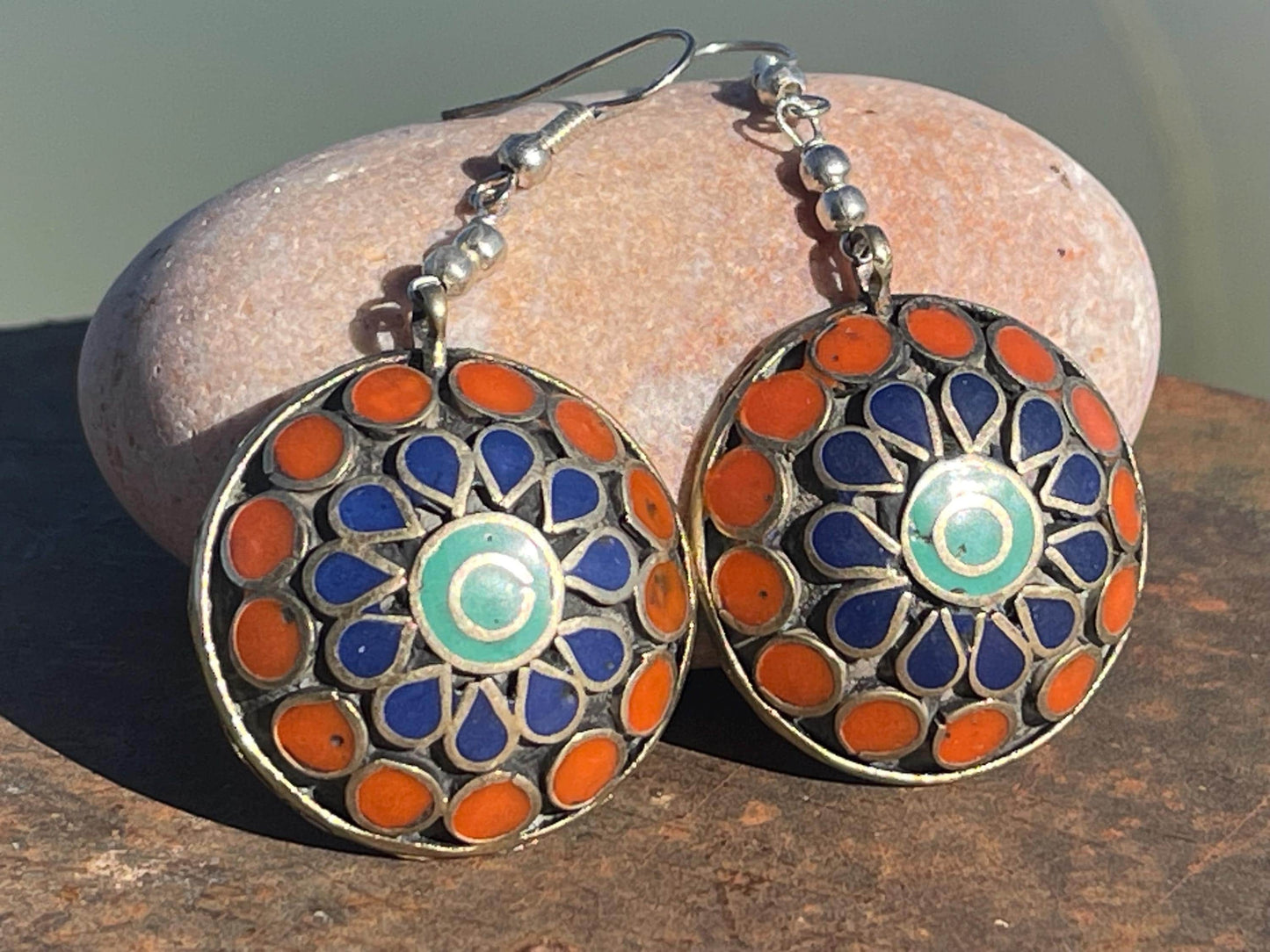 Vintage earrings, red and blue circular earrings. Eco friendly jewellery. Ethical jewellery.