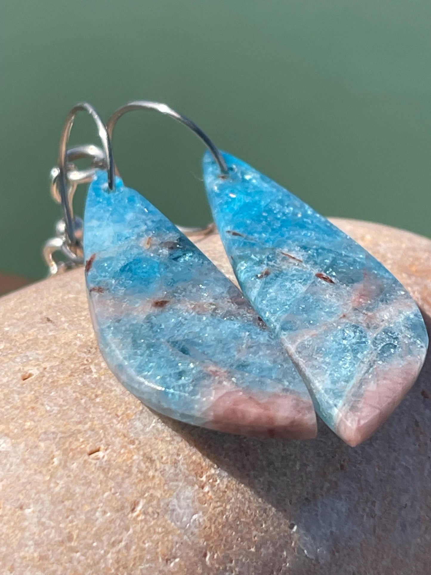 Apatite gemstone earrings on recycled sterling silver. Handmade ethical jewellery. Handmade in Sussex.
