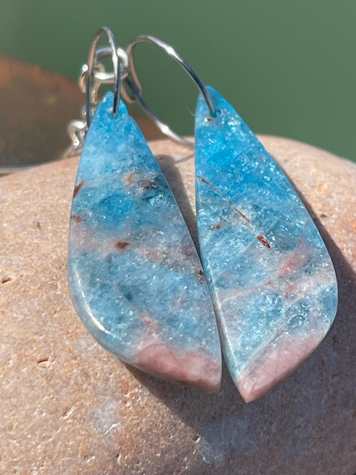 Apatite gemstone earrings on recycled sterling silver. Handmade ethical jewellery. Handmade in Sussex.