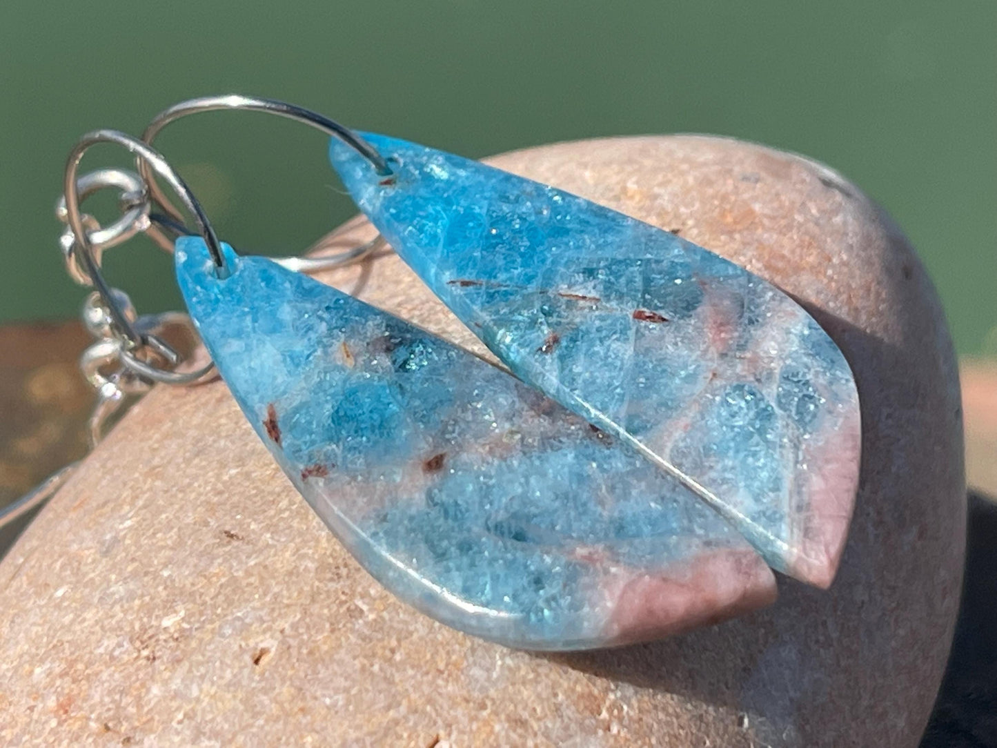 Apatite gemstone earrings on recycled sterling silver. Handmade ethical jewellery. Handmade in Sussex.
