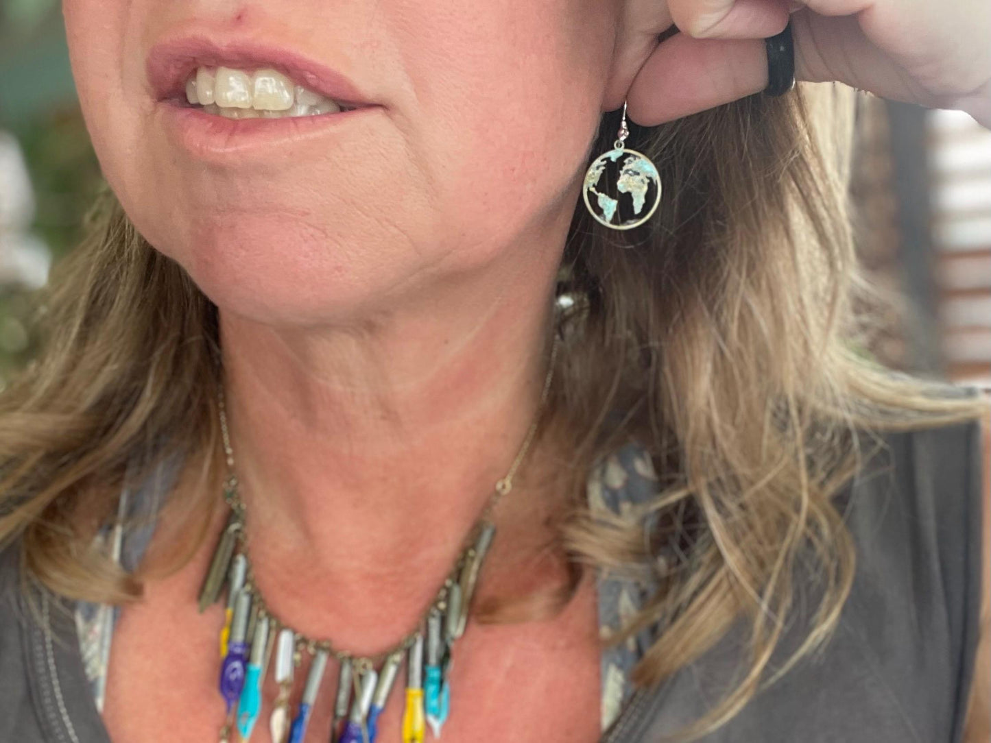 Handmade world earrings. Rustic earrings, unusual earrings, unusual gift for her, blue earrings, boho earrings, hippy gift. Earth earrings