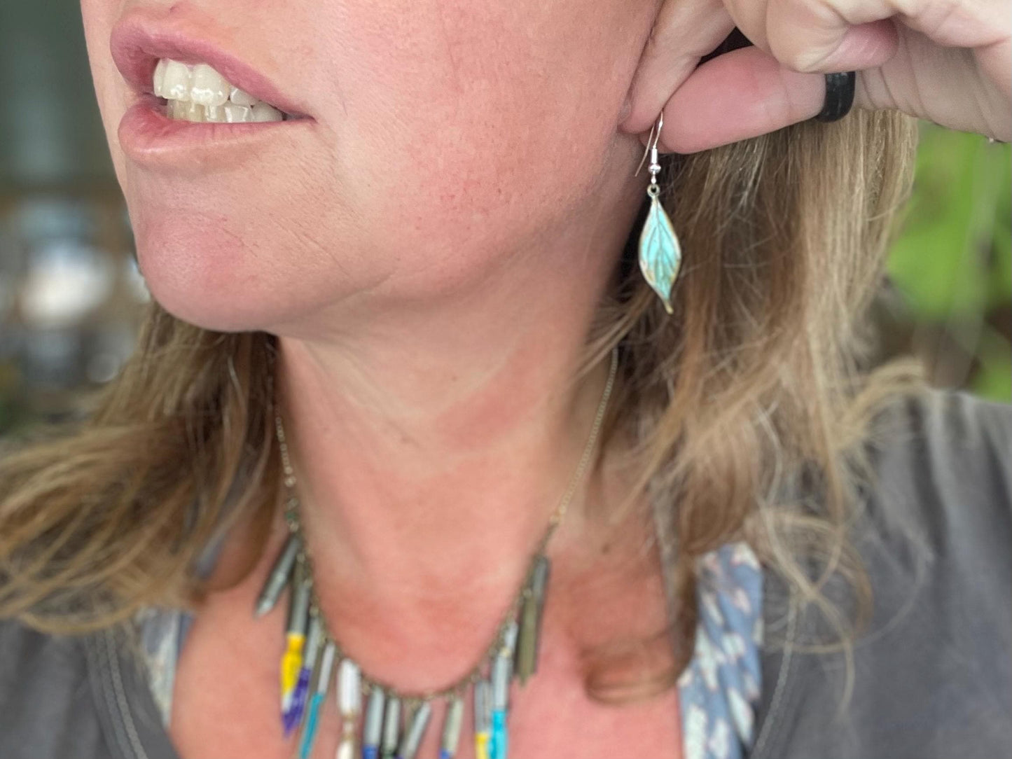 Handmade leaf earrings. Rustic earrings, unusual earrings, unusual gift for her, blue earrings, boho earrings, unusual jewellery, hippy gift