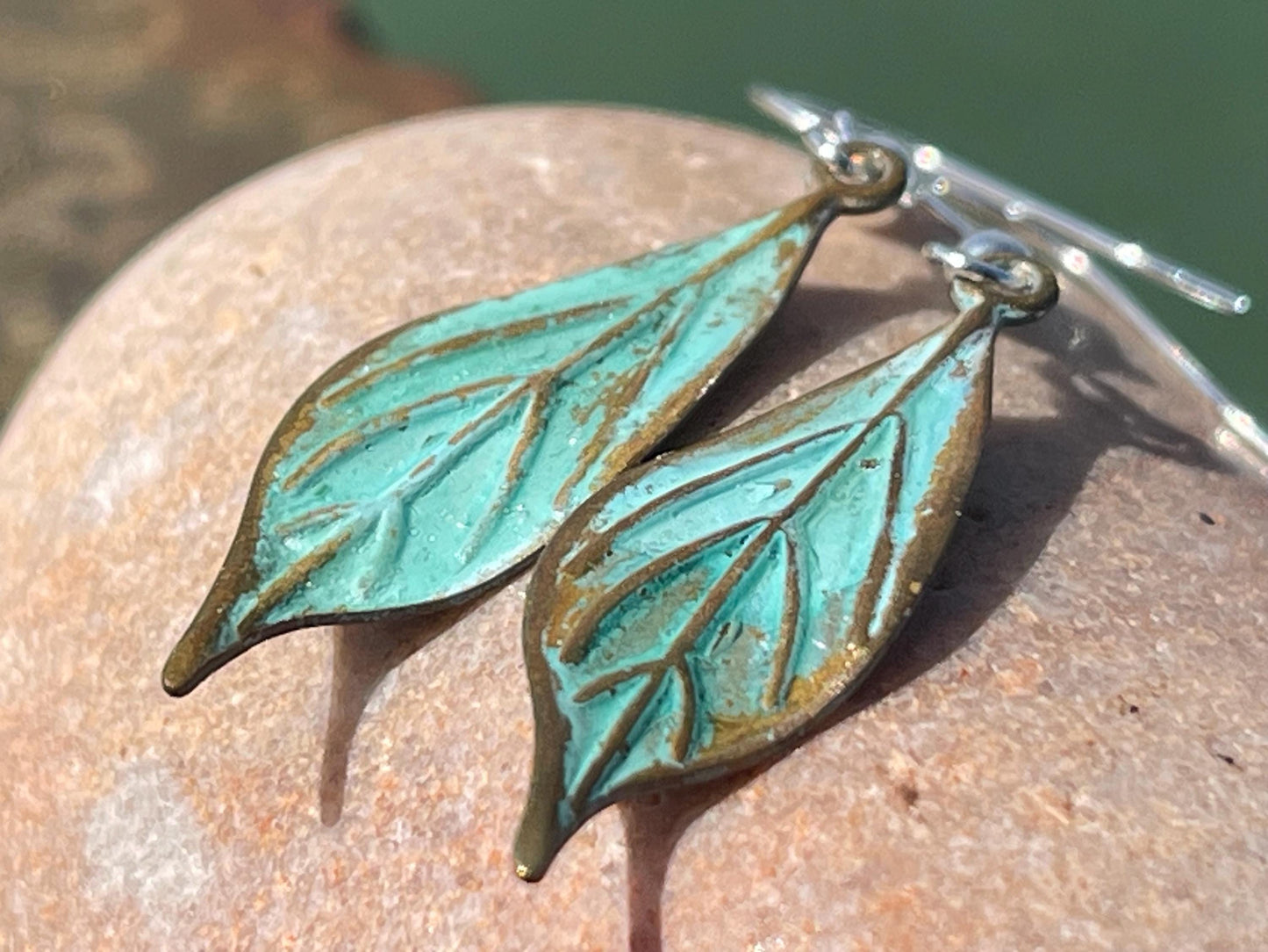 Handmade leaf earrings. Rustic earrings, unusual earrings, unusual gift for her, blue earrings, boho earrings, unusual jewellery, hippy gift