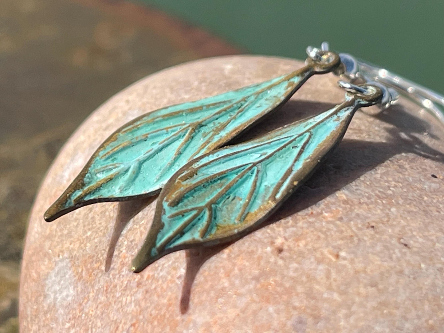 Handmade leaf earrings. Rustic earrings, unusual earrings, unusual gift for her, blue earrings, boho earrings, unusual jewellery, hippy gift