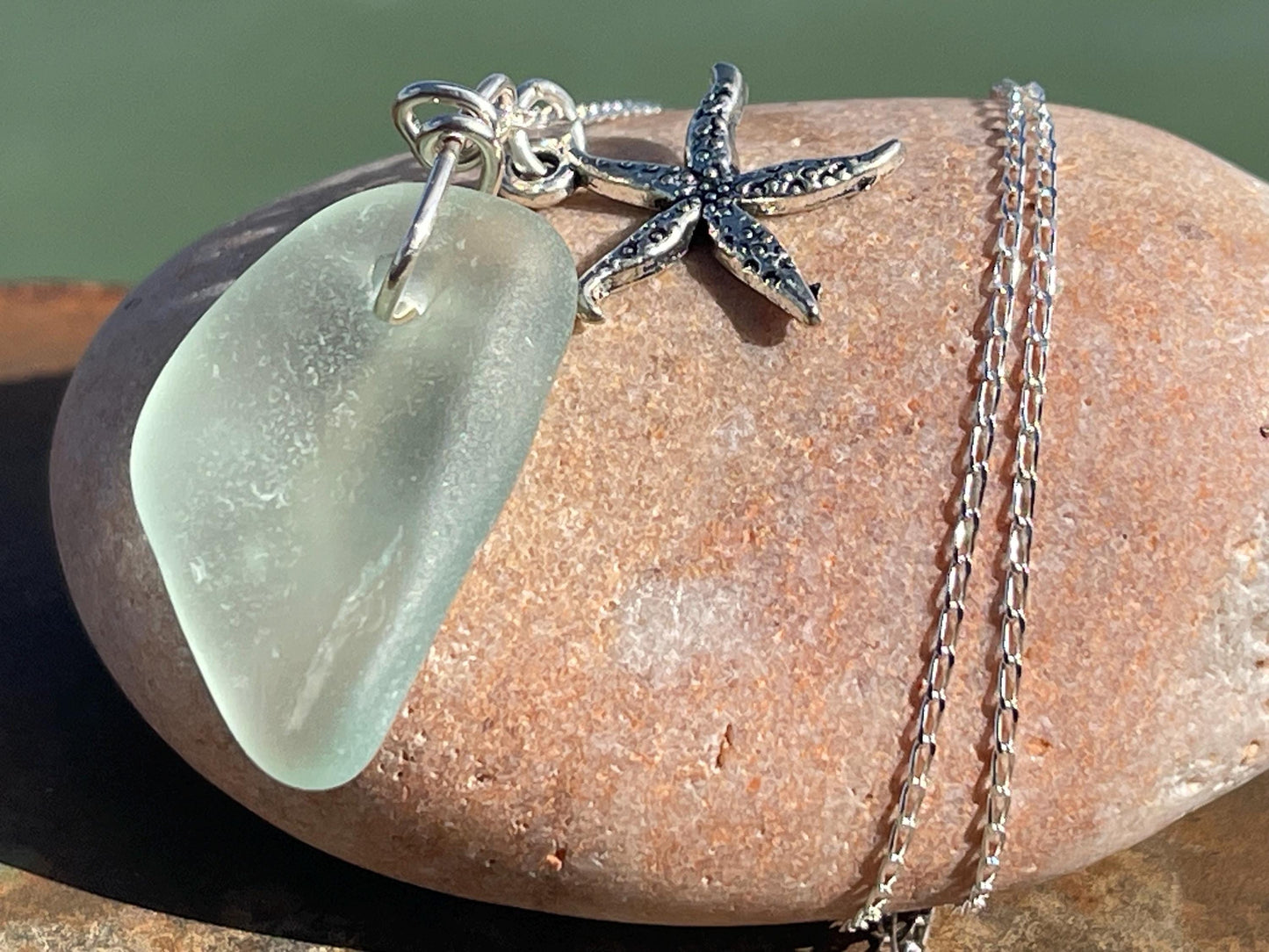 Eco friendly necklace made with sea glass on a recycled sterling silver chain. Ethical jewellery. Handmade eco friendly jewellery.
