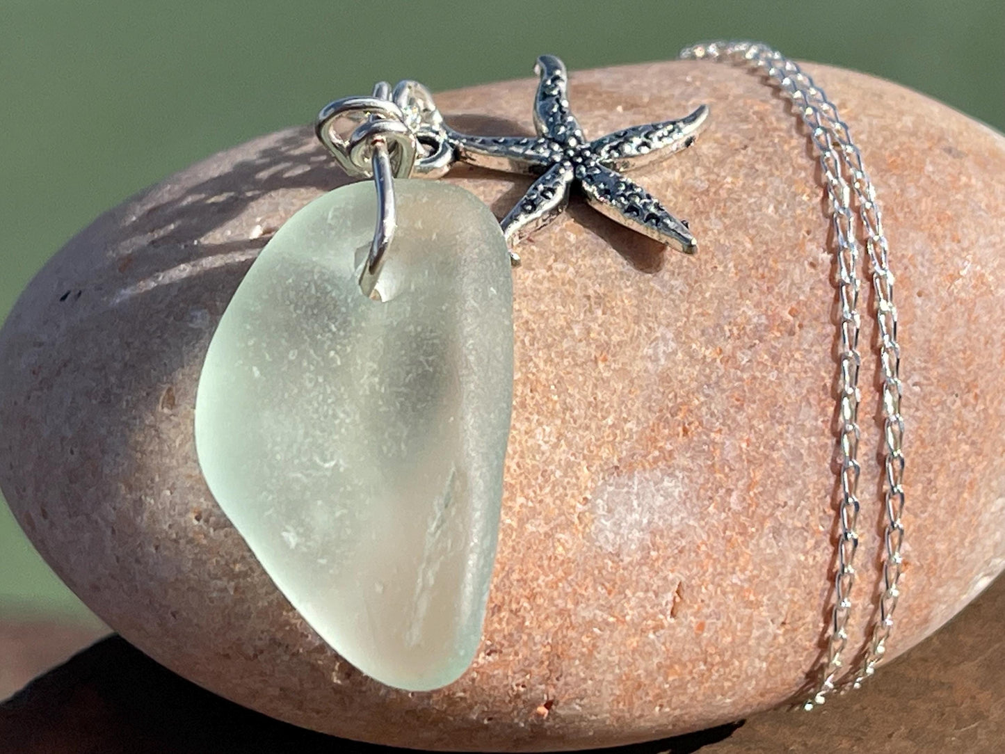 Eco friendly necklace made with sea glass on a recycled sterling silver chain. Ethical jewellery. Handmade eco friendly jewellery.