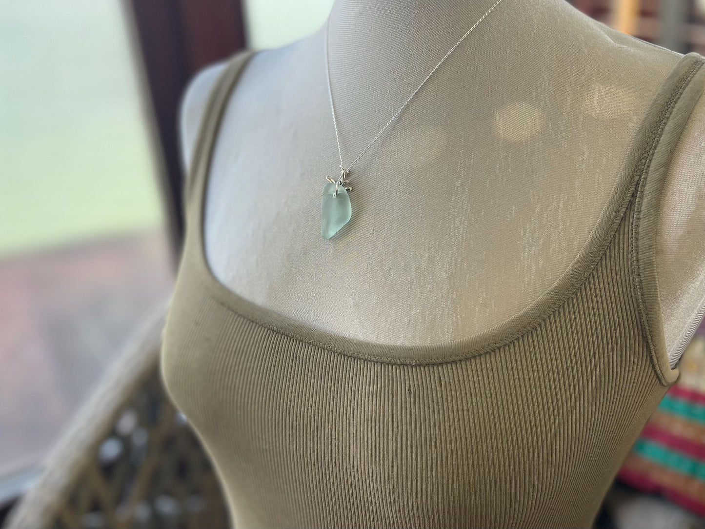 Eco friendly necklace made with sea glass on a recycled sterling silver chain. Ethical jewellery. Handmade eco friendly jewellery.