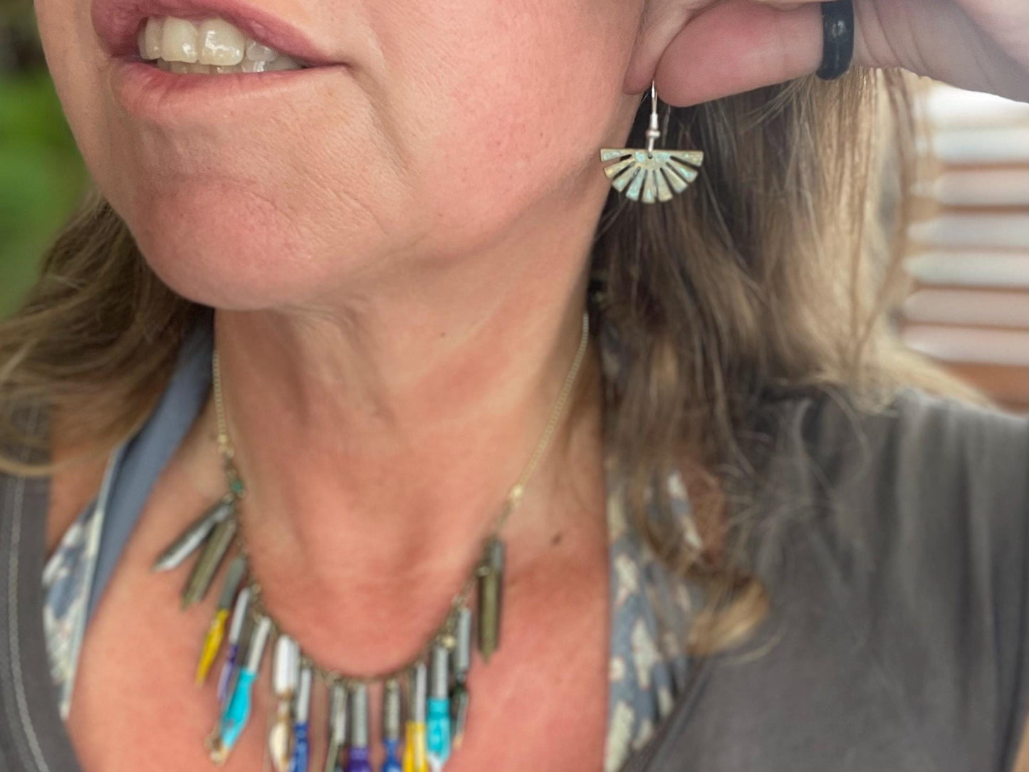 Handmade fan earrings. Rustic earrings, unusual earrings, unusual gift for her, blue earrings, boho earrings, unusual jewellery, hippy gift