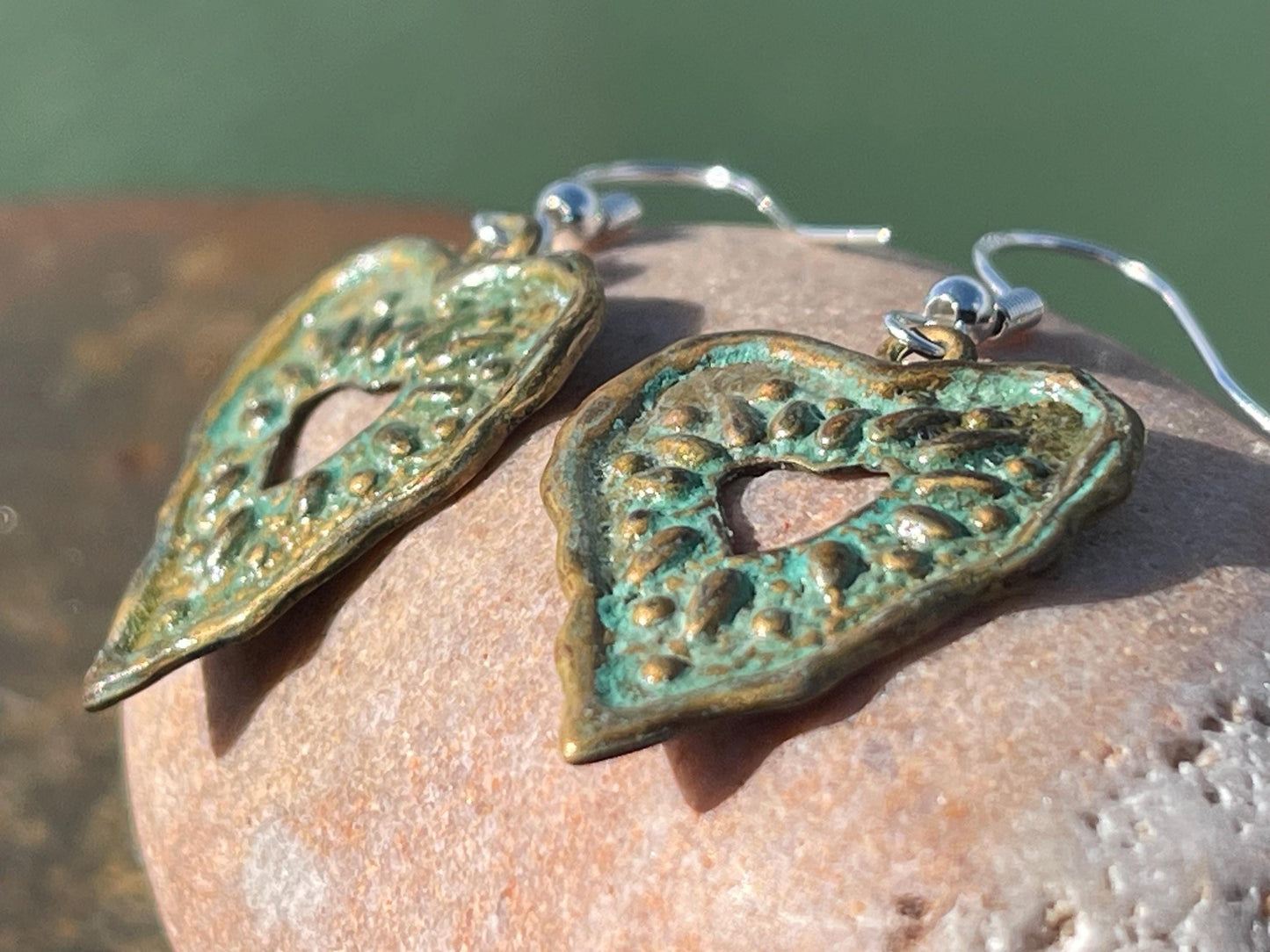 Handmade heart earrings. Rustic earrings, unusual earrings, unusual gift for her, blue earrings, boho earrings, heart jewellery, hippy gift