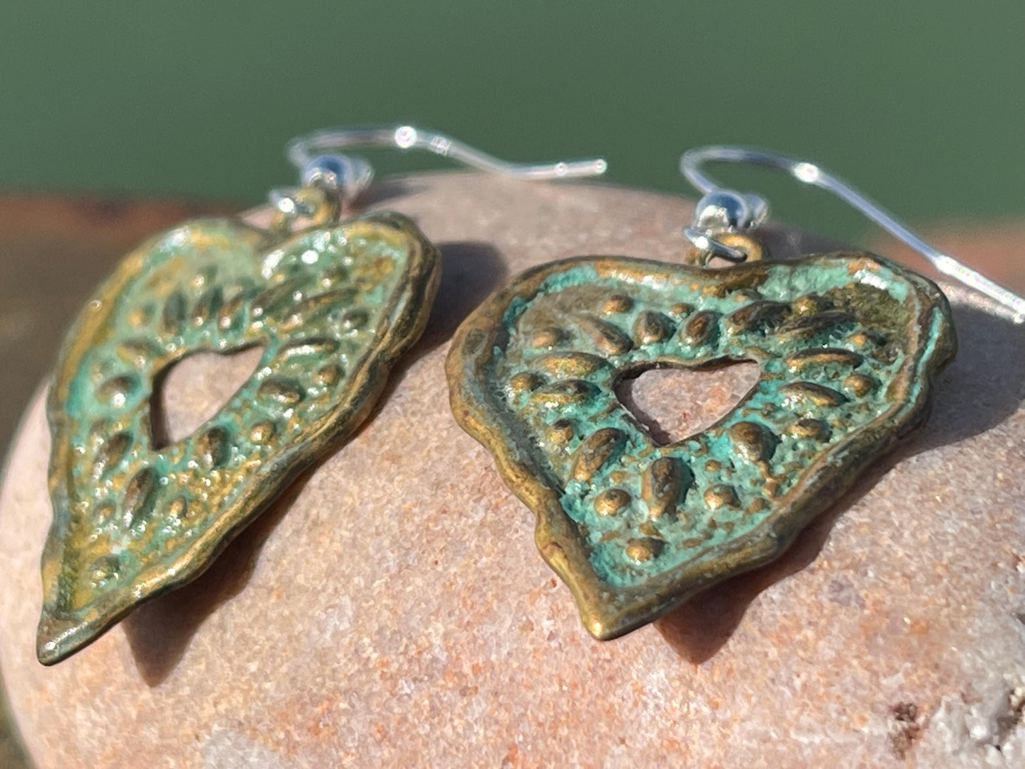 Handmade heart earrings. Rustic earrings, unusual earrings, unusual gift for her, blue earrings, boho earrings, heart jewellery, hippy gift