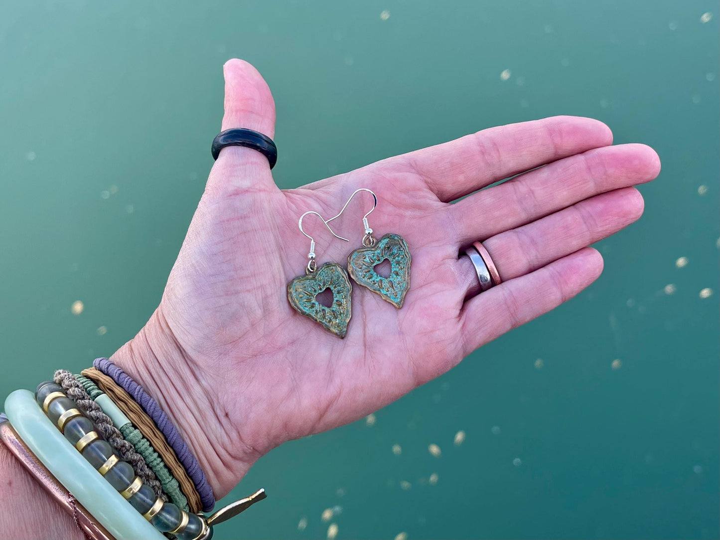 Handmade heart earrings. Rustic earrings, unusual earrings, unusual gift for her, blue earrings, boho earrings, heart jewellery, hippy gift