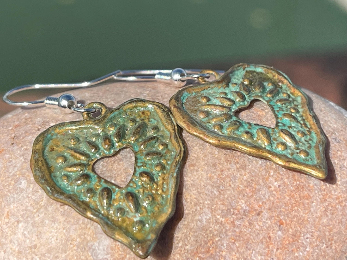 Handmade heart earrings. Rustic earrings, unusual earrings, unusual gift for her, blue earrings, boho earrings, heart jewellery, hippy gift
