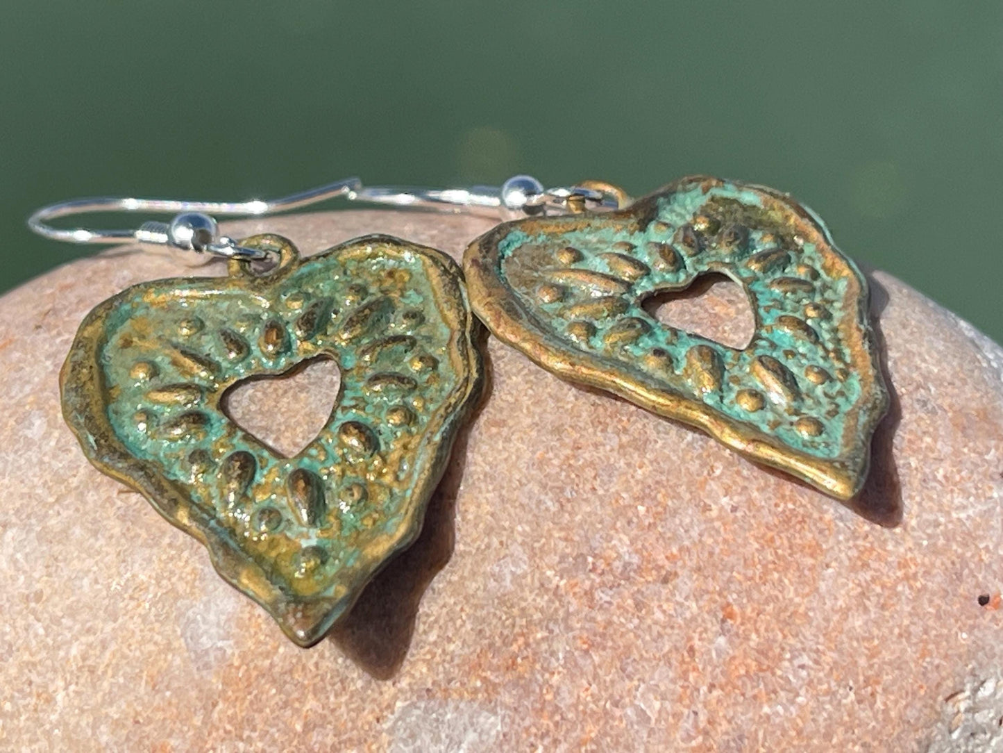 Handmade heart earrings. Rustic earrings, unusual earrings, unusual gift for her, blue earrings, boho earrings, heart jewellery, hippy gift