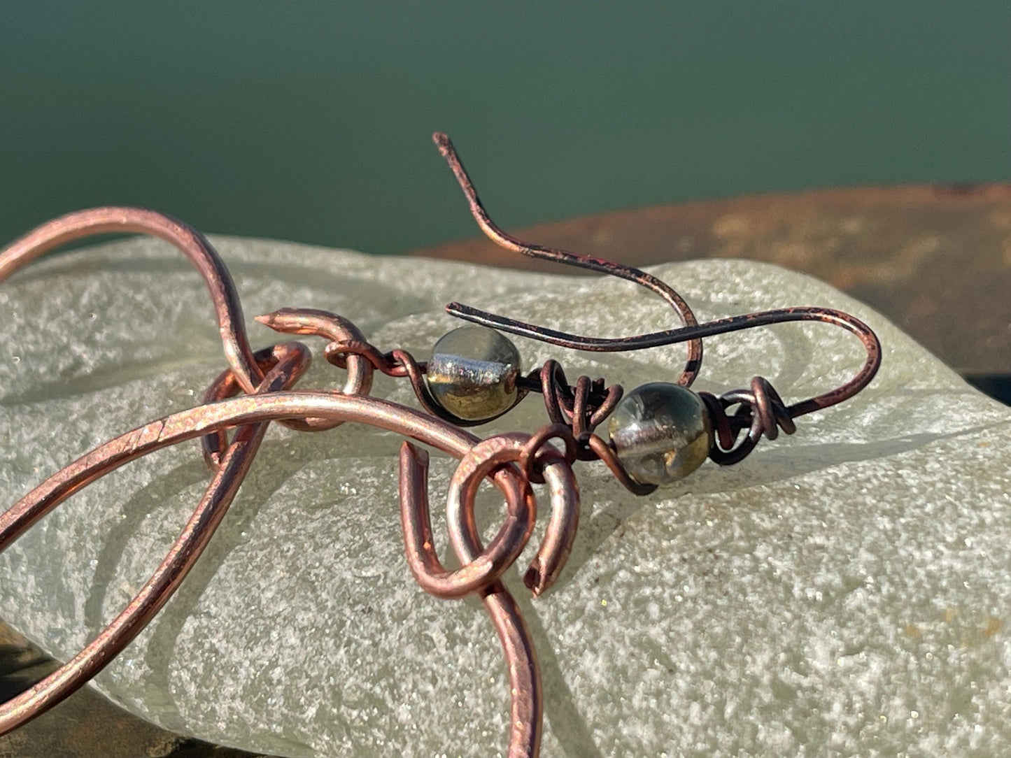 Eco friendly glass hoops on recycled copper.. Unique earrings, ethical jewellery, unusual boho jewellery, eco friendly jewellery. Eco gifts.