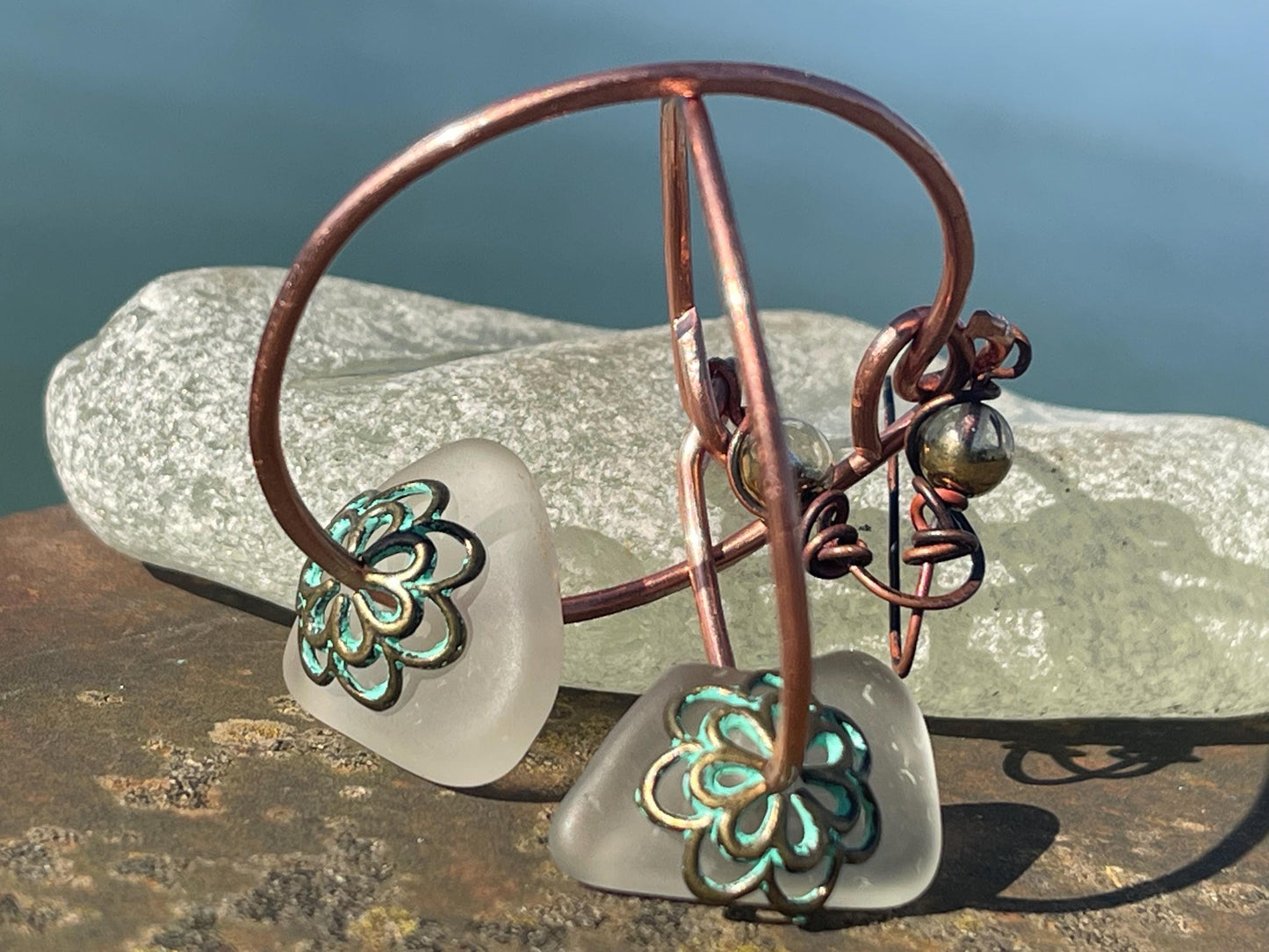 Eco friendly glass hoops on recycled copper.. Unique earrings, ethical jewellery, unusual boho jewellery, eco friendly jewellery. Eco gifts.