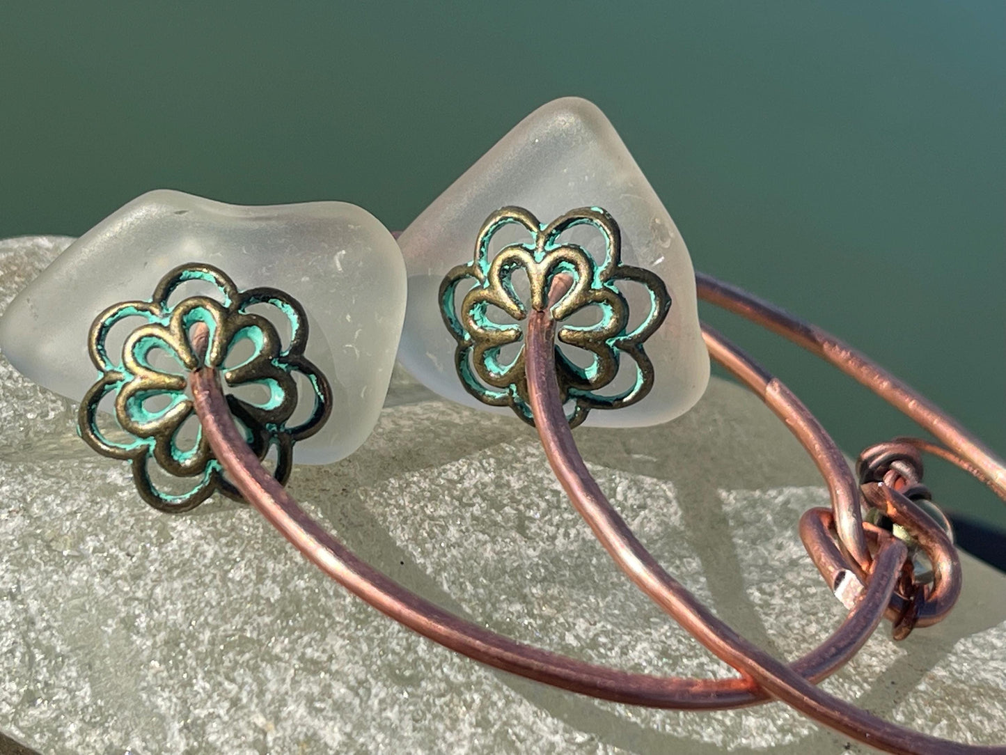 Eco friendly glass hoops on recycled copper.. Unique earrings, ethical jewellery, unusual boho jewellery, eco friendly jewellery. Eco gifts.