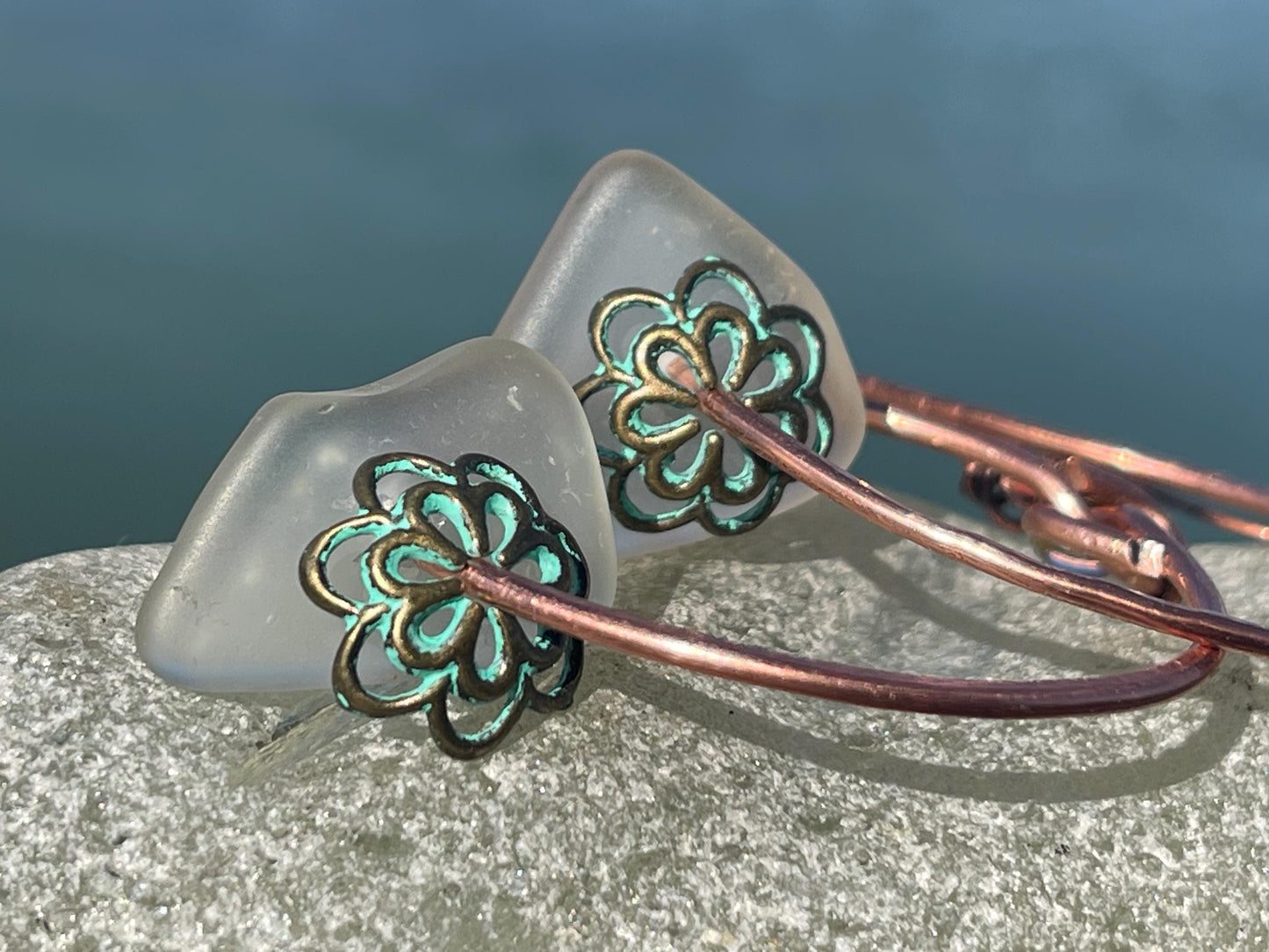 Eco friendly glass hoops on recycled copper.. Unique earrings, ethical jewellery, unusual boho jewellery, eco friendly jewellery. Eco gifts.