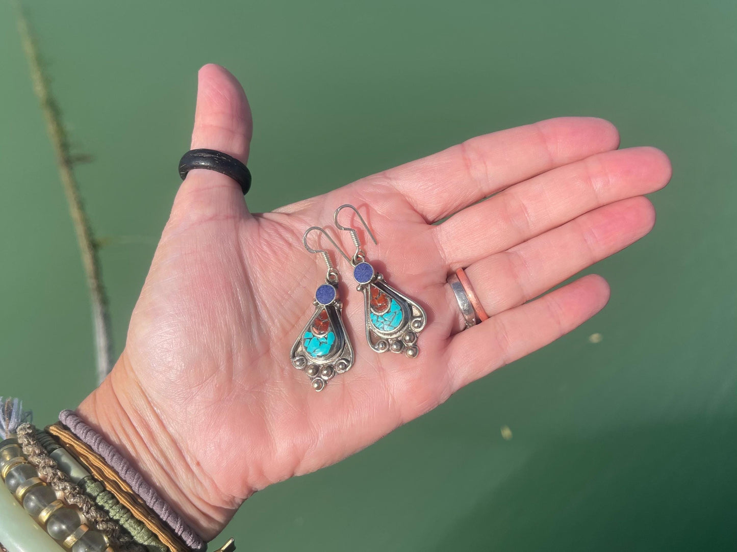Vintage turquoise & lapis earrings, turquoise jewellery, ethical jewellery, gypsy earrings. Eco friendly jewellery. Ethical jewellery.