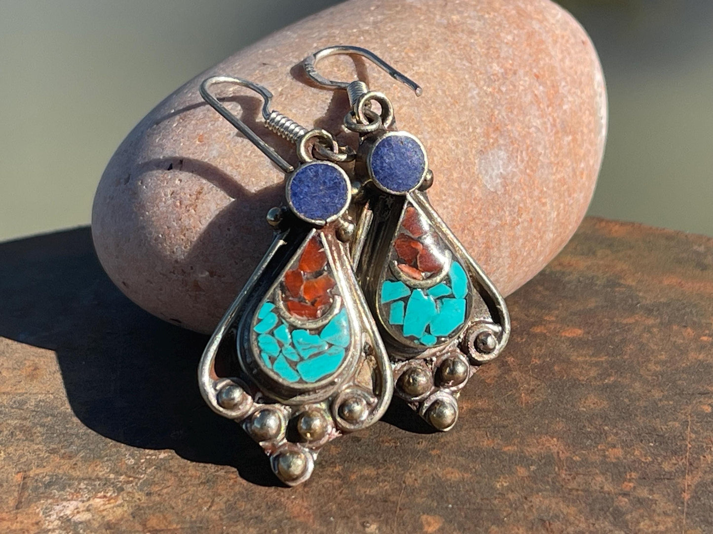 Vintage turquoise & lapis earrings, turquoise jewellery, ethical jewellery, gypsy earrings. Eco friendly jewellery. Ethical jewellery.