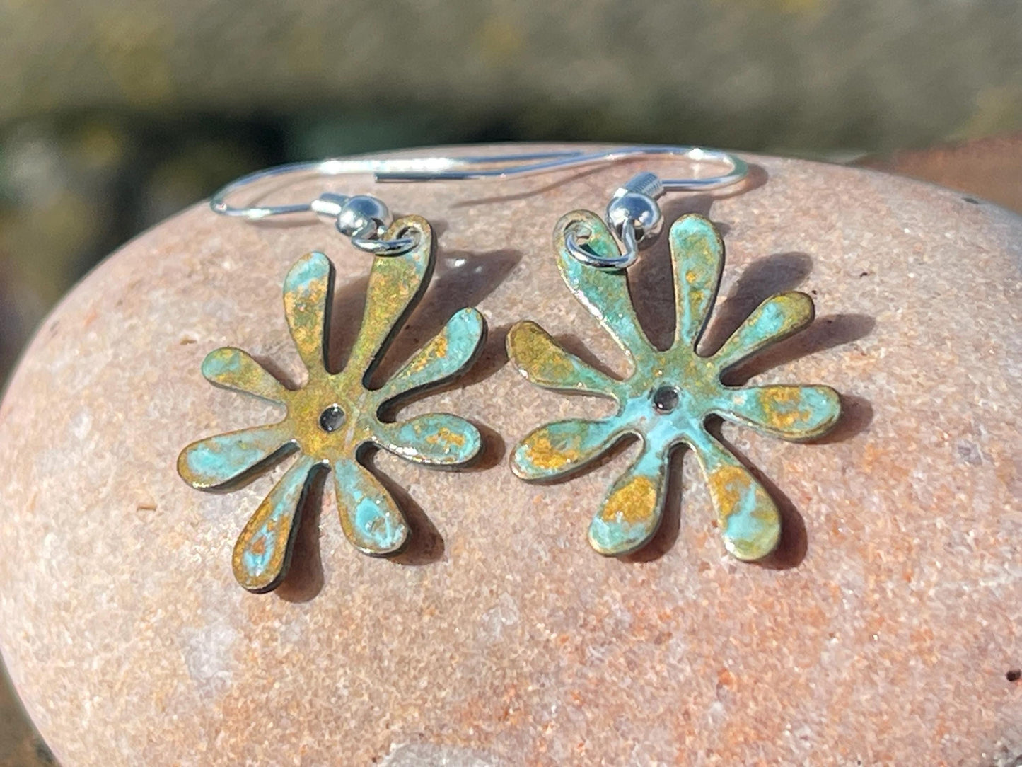 Handmade flower earrings. Rustic earrings, unusual earrings, unusual gift for her, blue earrings, boho earrings, boho jewellery, hippy gift