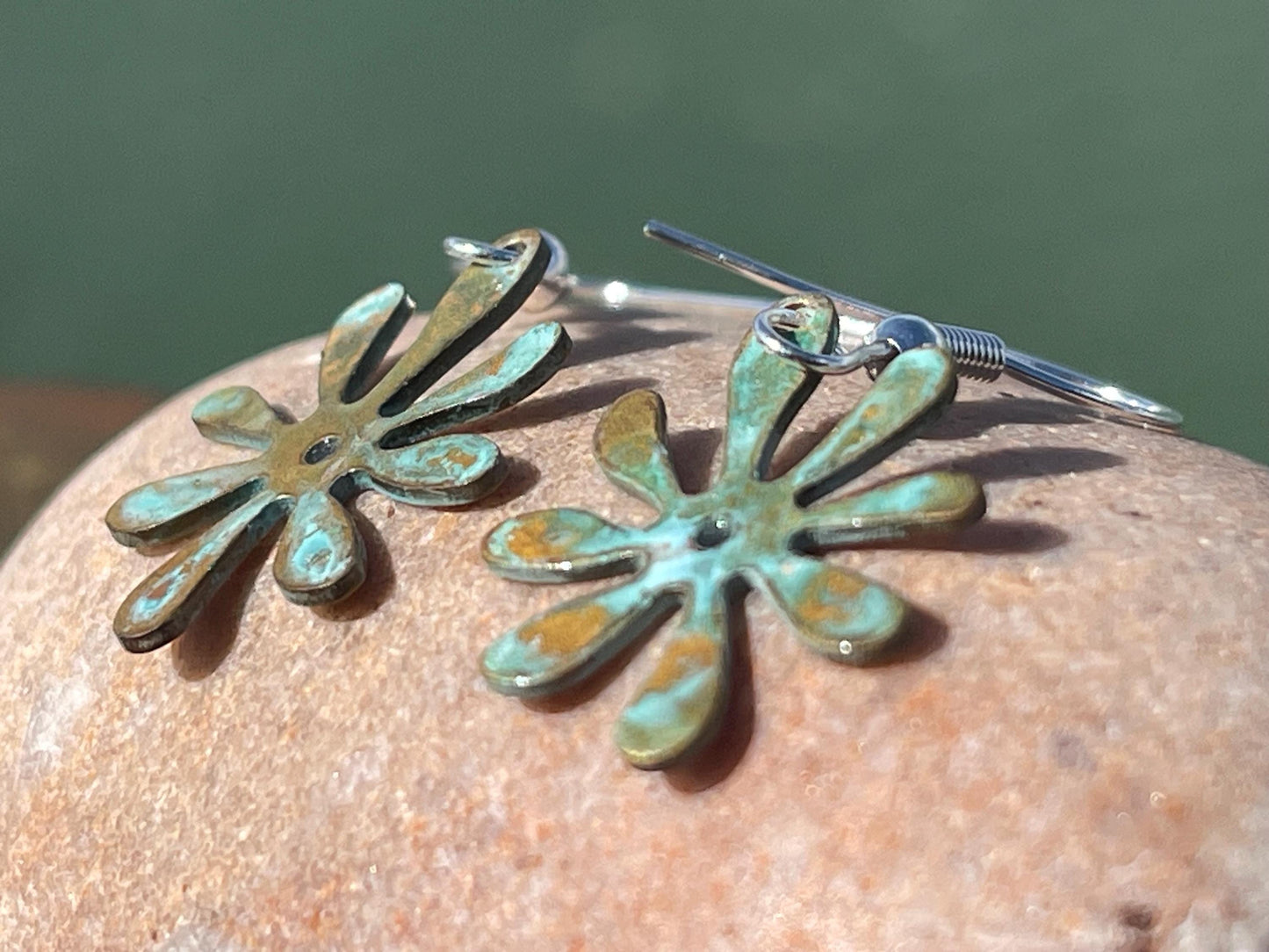 Handmade flower earrings. Rustic earrings, unusual earrings, unusual gift for her, blue earrings, boho earrings, boho jewellery, hippy gift