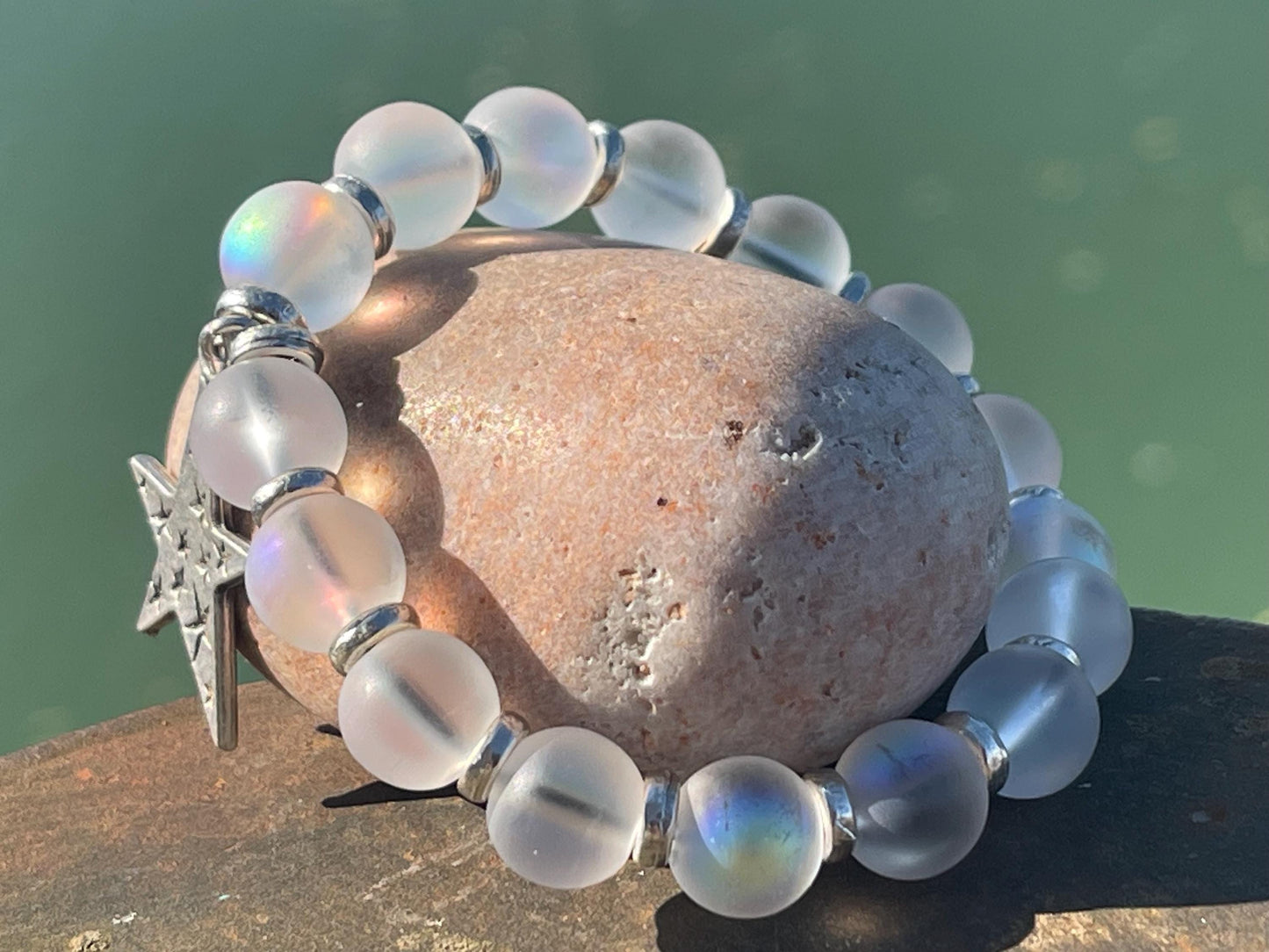 Rainbow bracelet, Christmas bracelet, beaded shimmery bracelet, star bracelet, handmade bracelet, glass bracelet, congratulations gift.