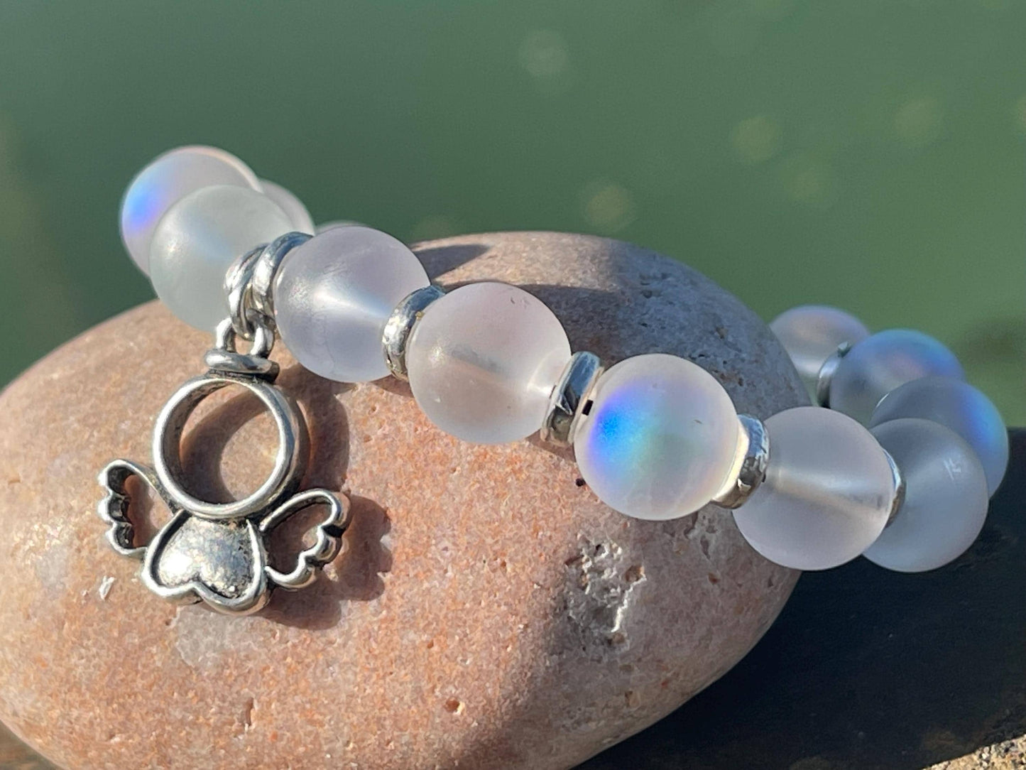 Rainbow bracelet, Christmas bracelet, beaded shimmery bracelet, star bracelet, handmade bracelet, glass bracelet, angel bracelet.