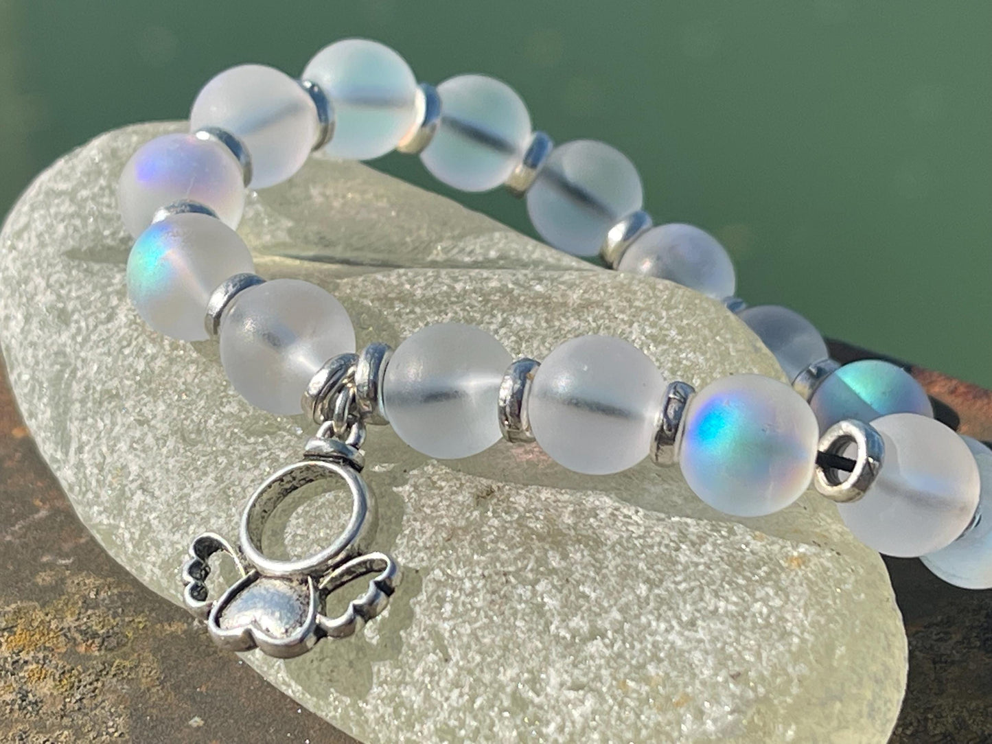 Rainbow bracelet, Christmas bracelet, beaded shimmery bracelet, star bracelet, handmade bracelet, glass bracelet, angel bracelet.
