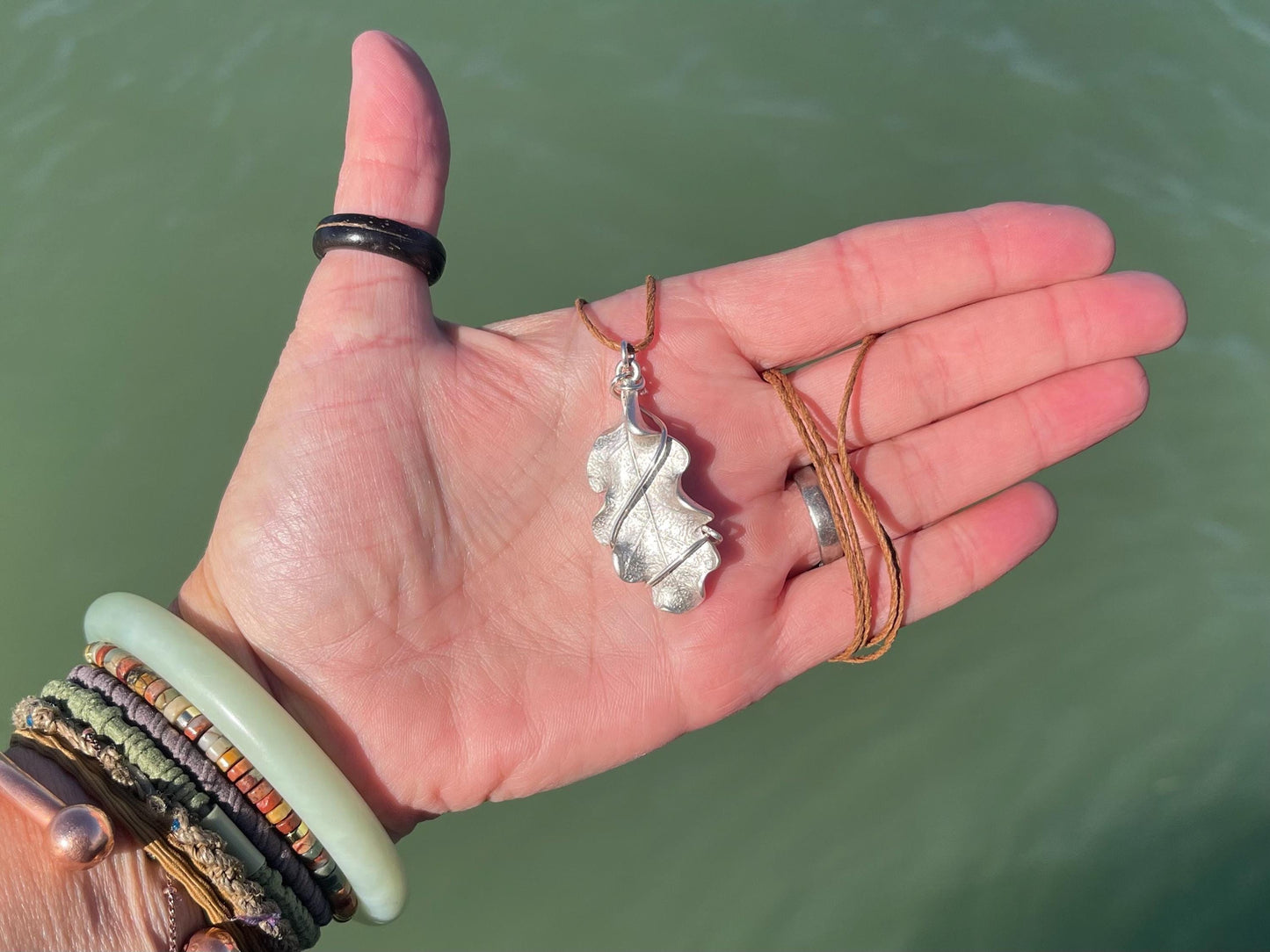 Oak leaf necklace wrapped in recycled sterling silver. Boho gift for her, boho necklace, silver leaf pendant. Silver jewellery.