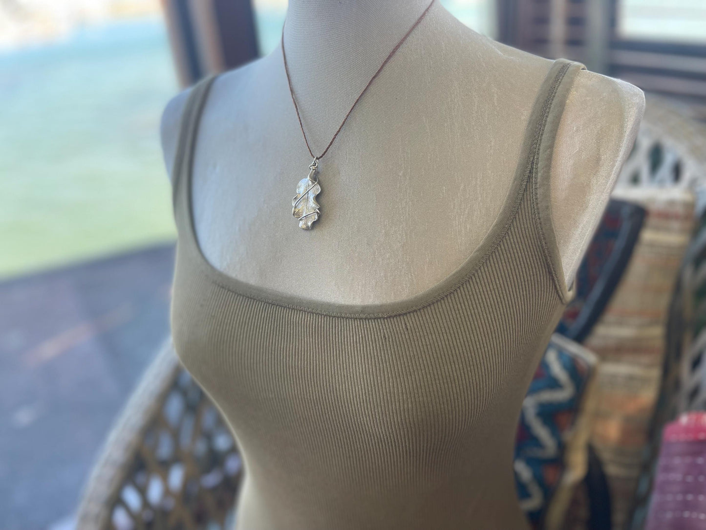 Oak leaf necklace wrapped in recycled sterling silver. Boho gift for her, boho necklace, silver leaf pendant. Silver jewellery.
