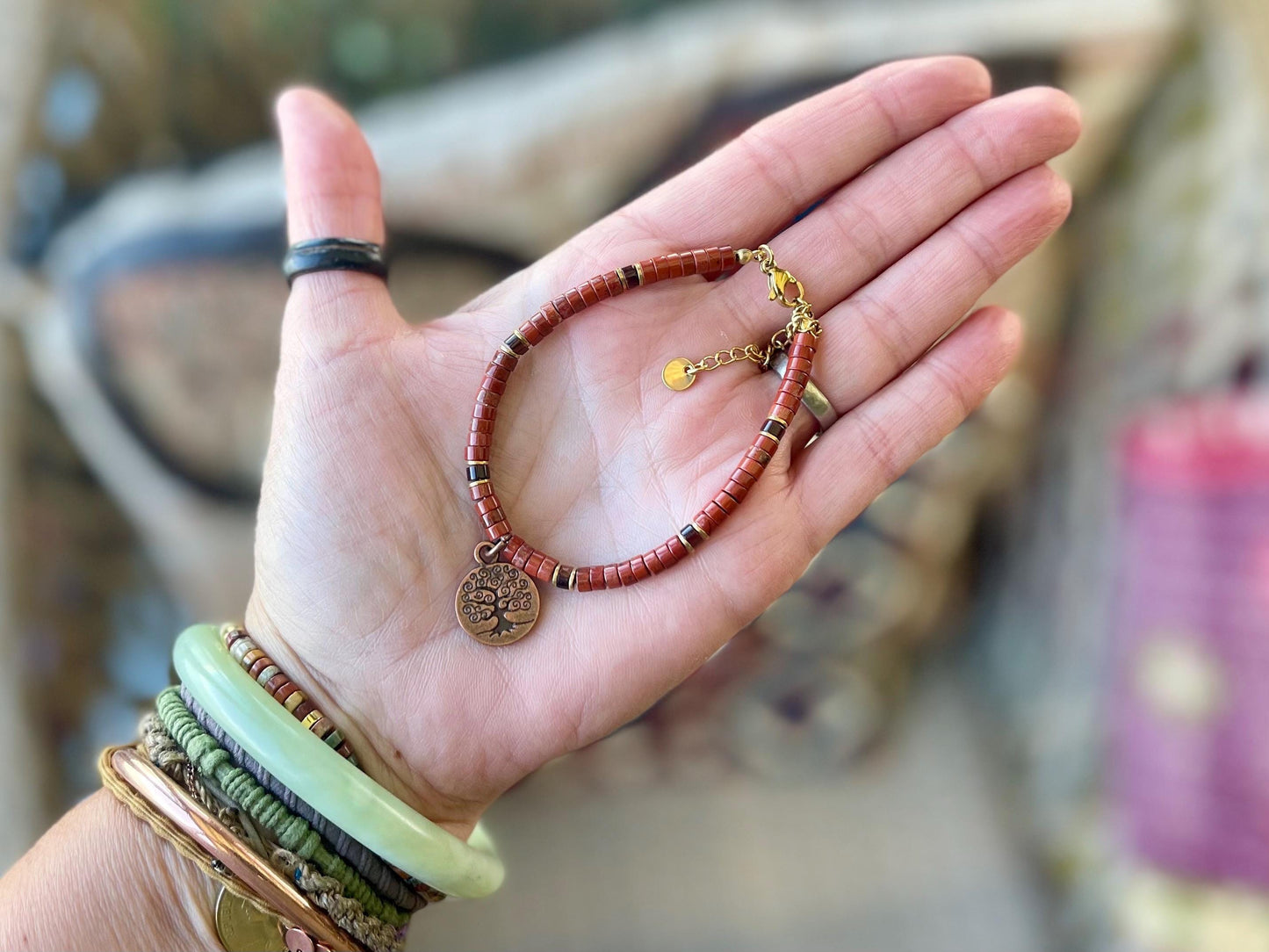 Adjustable gold and red jasper gemstone bracelet, handmade gift for him or her. Ethical jewellery, unique jewellery. Tree of life bracelet.