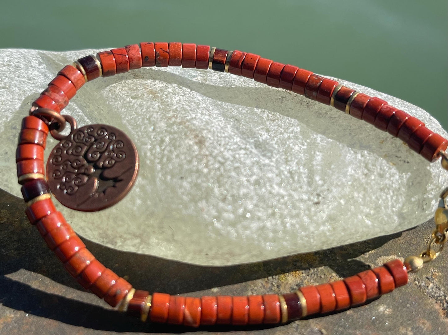 Adjustable gold and red jasper gemstone bracelet, handmade gift for him or her. Ethical jewellery, unique jewellery. Tree of life bracelet.