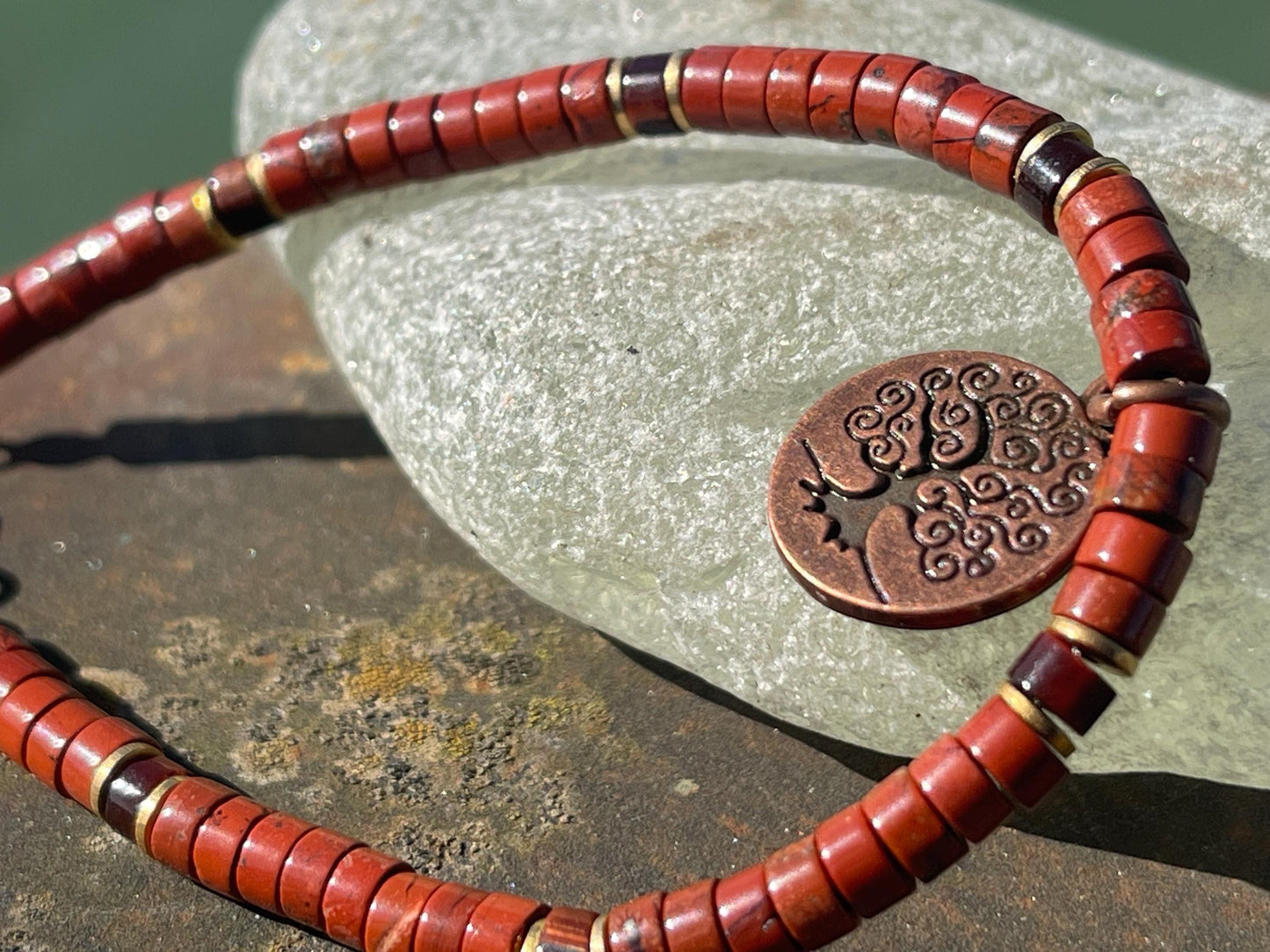 Adjustable gold and red jasper gemstone bracelet, handmade gift for him or her. Ethical jewellery, unique jewellery. Tree of life bracelet.