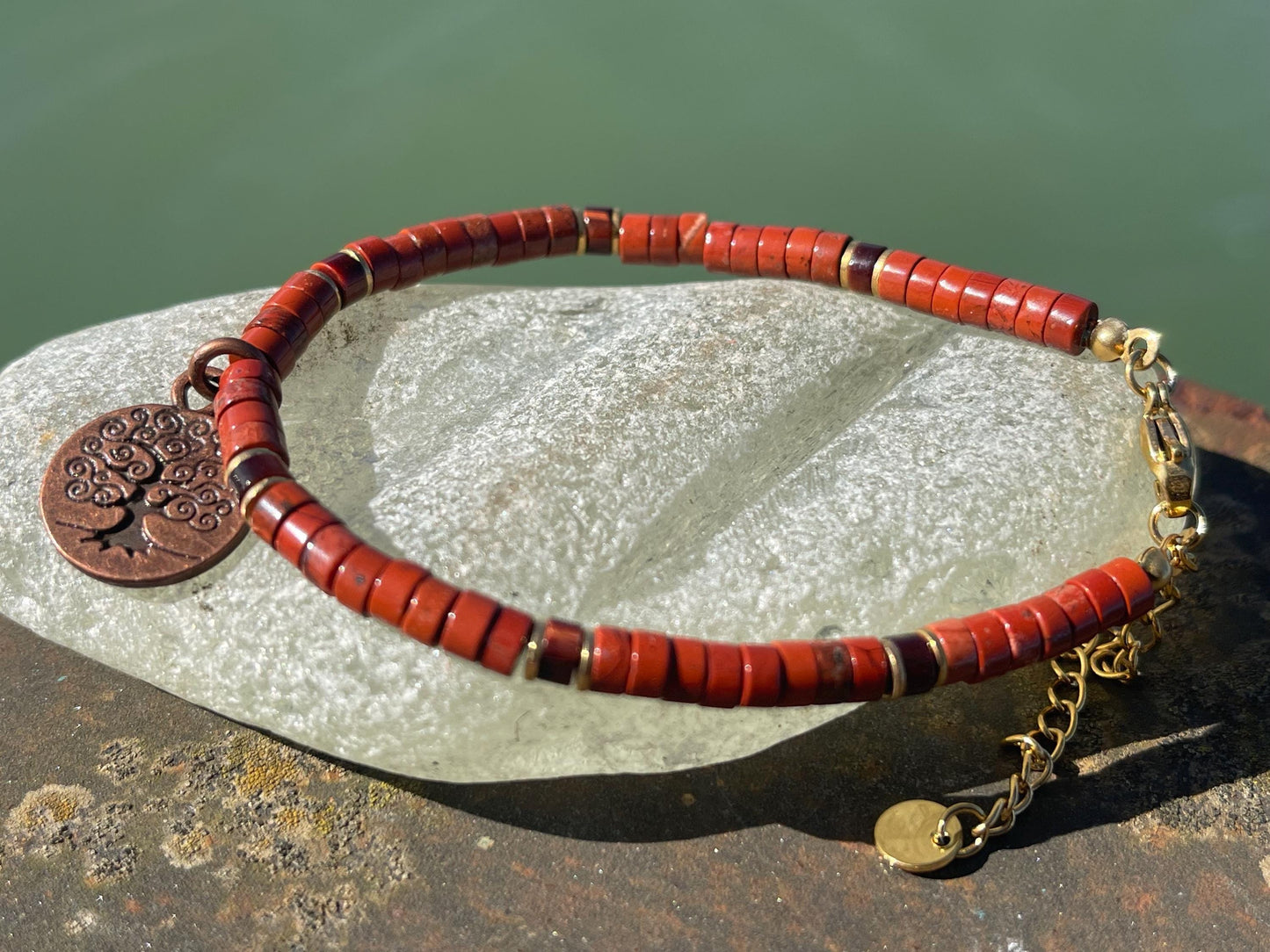 Adjustable gold and red jasper gemstone bracelet, handmade gift for him or her. Ethical jewellery, unique jewellery. Tree of life bracelet.