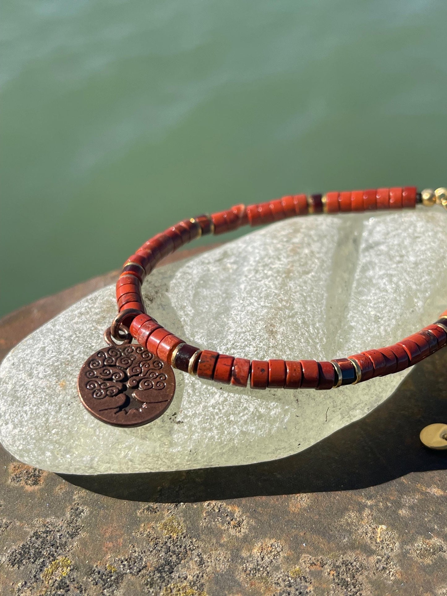 Adjustable gold and red jasper gemstone bracelet, handmade gift for him or her. Ethical jewellery, unique jewellery. Tree of life bracelet.